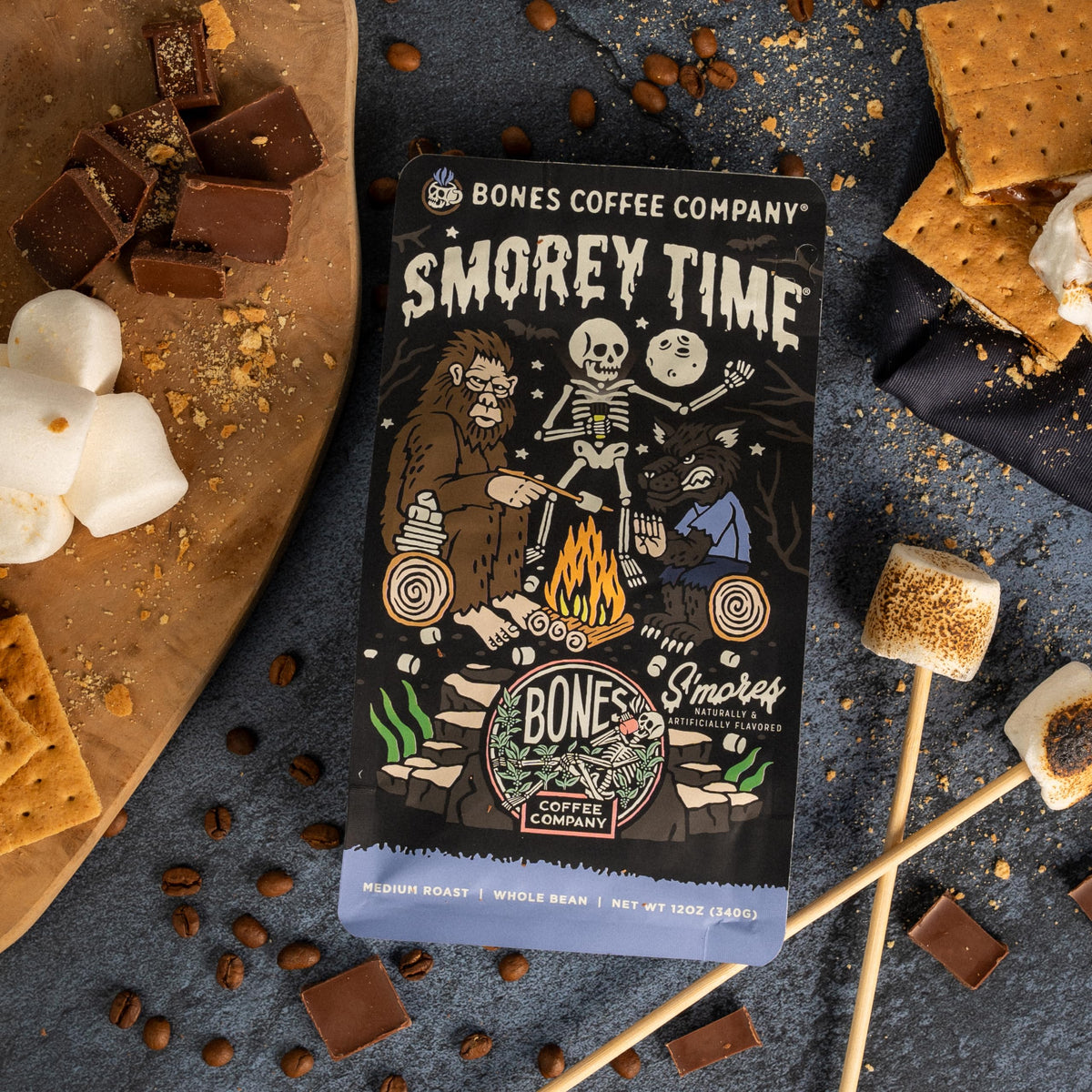 Bones Coffee Company S'Morey Time Whole Coffee Beans S'Mores And Graham Crackers Flavor, Low Acid Flavored Coffee, Made With Ara