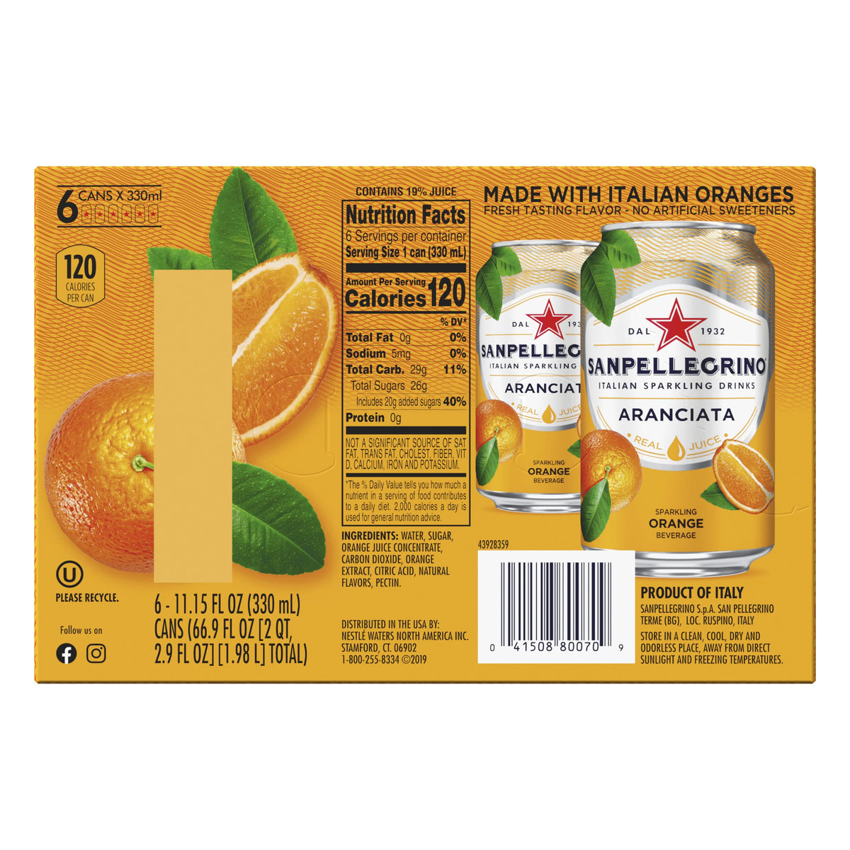 Sanpellegrino, Orange Italian Sparkling Drinks, 11.15 Fl Oz Cans, 6 Pack