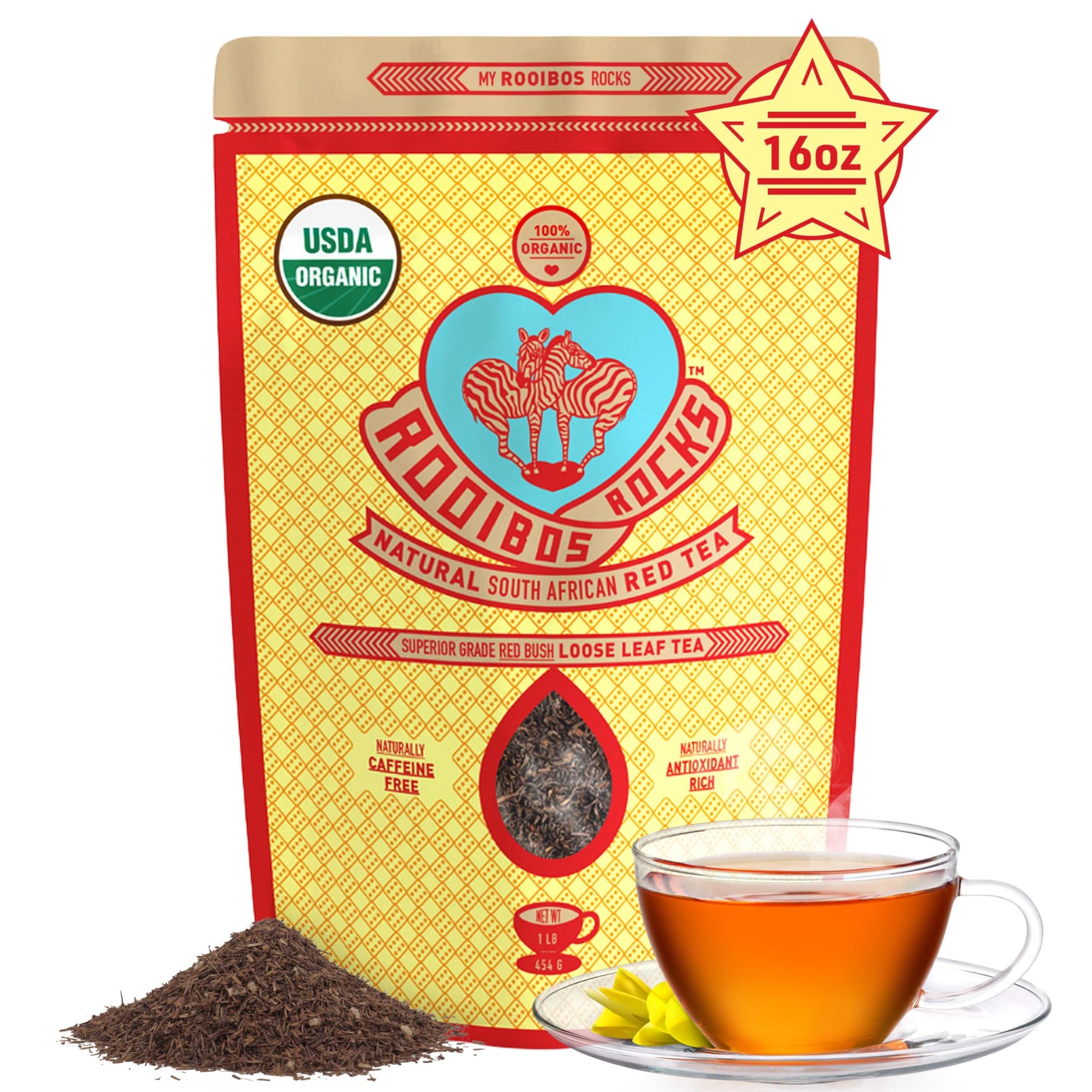 ROOIBOS ROCKS Naturally Sweet Organic Rooibos Tea - Caffeine Free, 16 oz Loose Leaf, Earthy Red