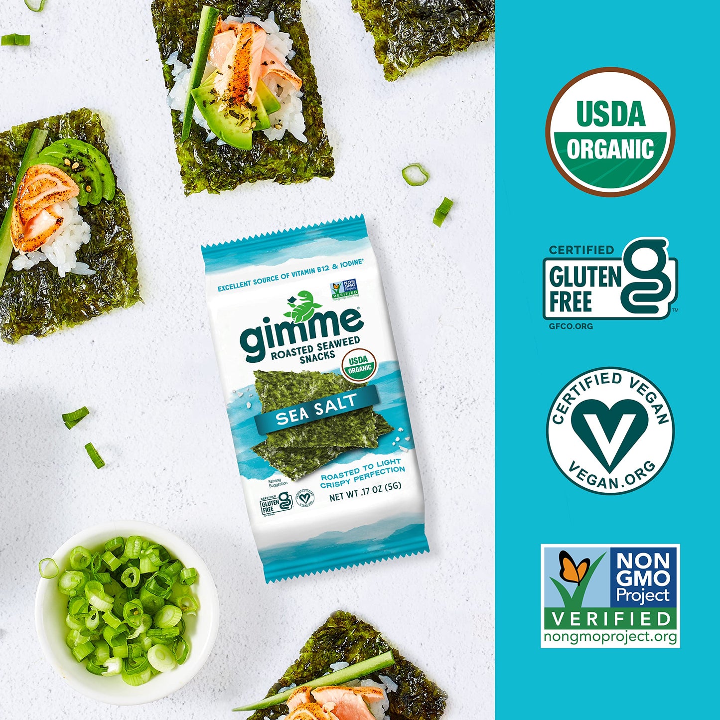 Gimme Organic Roasted Seaweed Sheets - Sea Salt - 12 Count - Keto, Vegan, Gluten Free - Great Source Of Iodine And Omega 3S - He