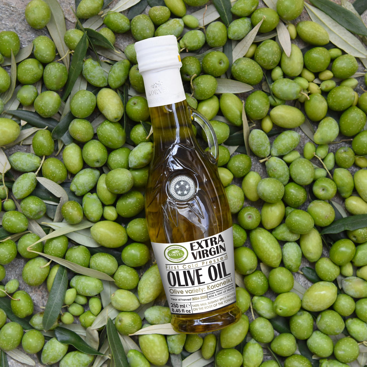 KORVEL Extra Virgin Olive Oil, Glass Bottle, Amphora, 250 ml, 8.45 fl oz