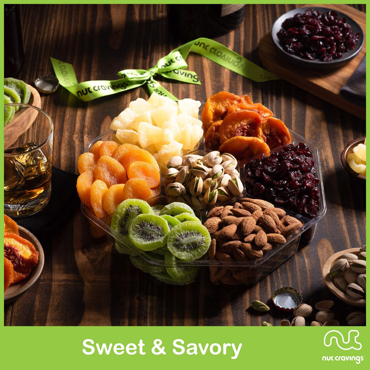 Nut Cravings Gourmet Collection - Rosh Hashana & Shana Tova Dried Fruit & Mixed Nuts Gift Basket + Green Ribbon (7 Assortments,