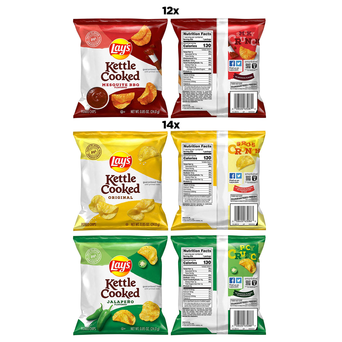 Lays Kettle Cooked Potato Chips, Variety Pack, 0.85 Ounce (Pack of 40)