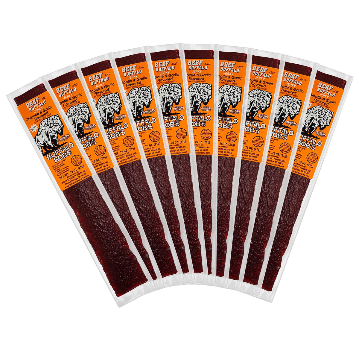 Buffalo Bob's Wild Game Meat Snack - Beef and Buffalo Chipotle & Garlic Jerky 10 Pack