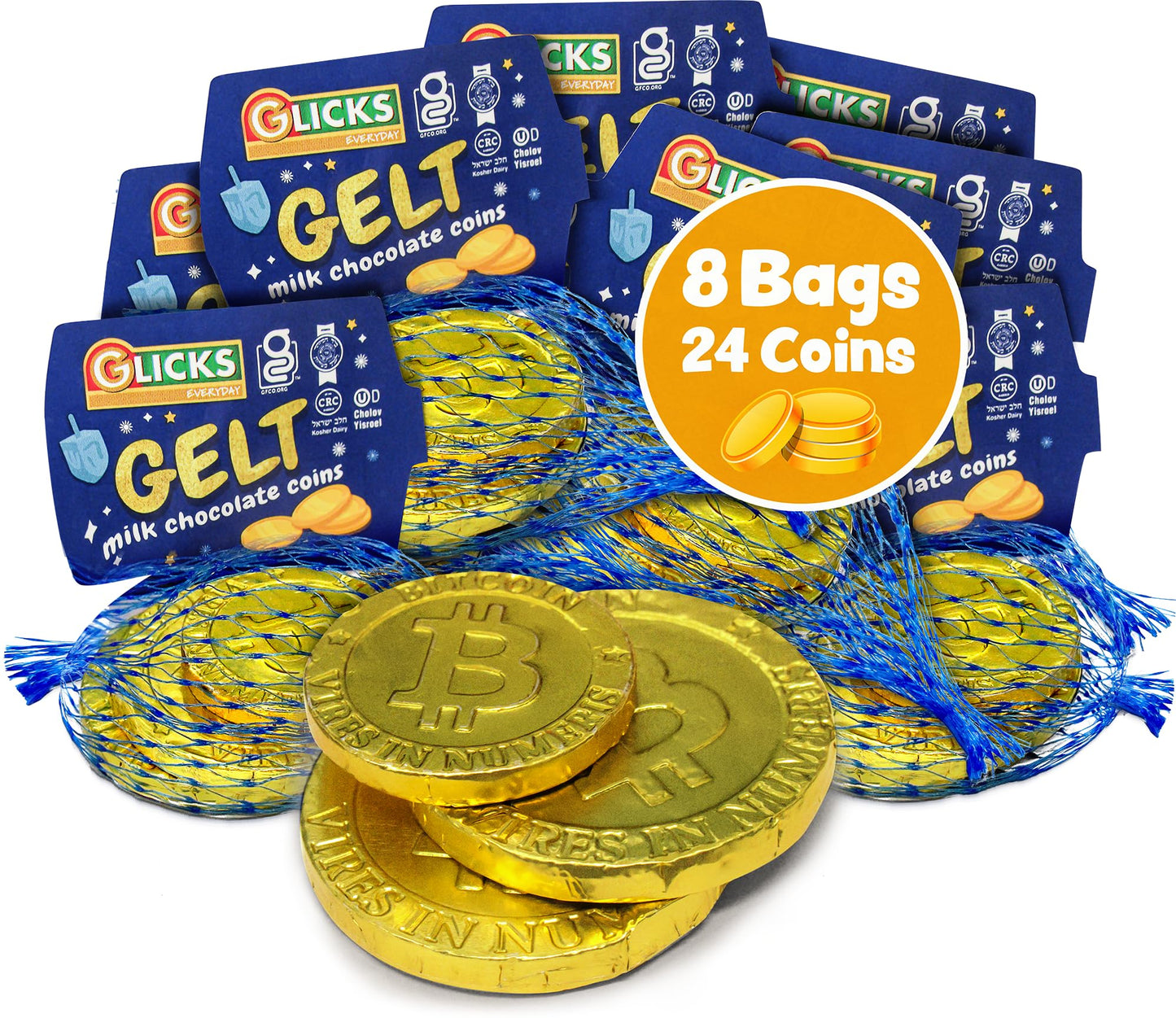 Glicks Milk Chocolate Gold Coins (8 Bags - 24 Total Coins) Kosher Milk Chocolate Chanukah Gelt | Gluten Free  Product Of Israel | Chalav Yisroel | For Holidays  Chanukah Parties & Dreidel Games And Every Day!