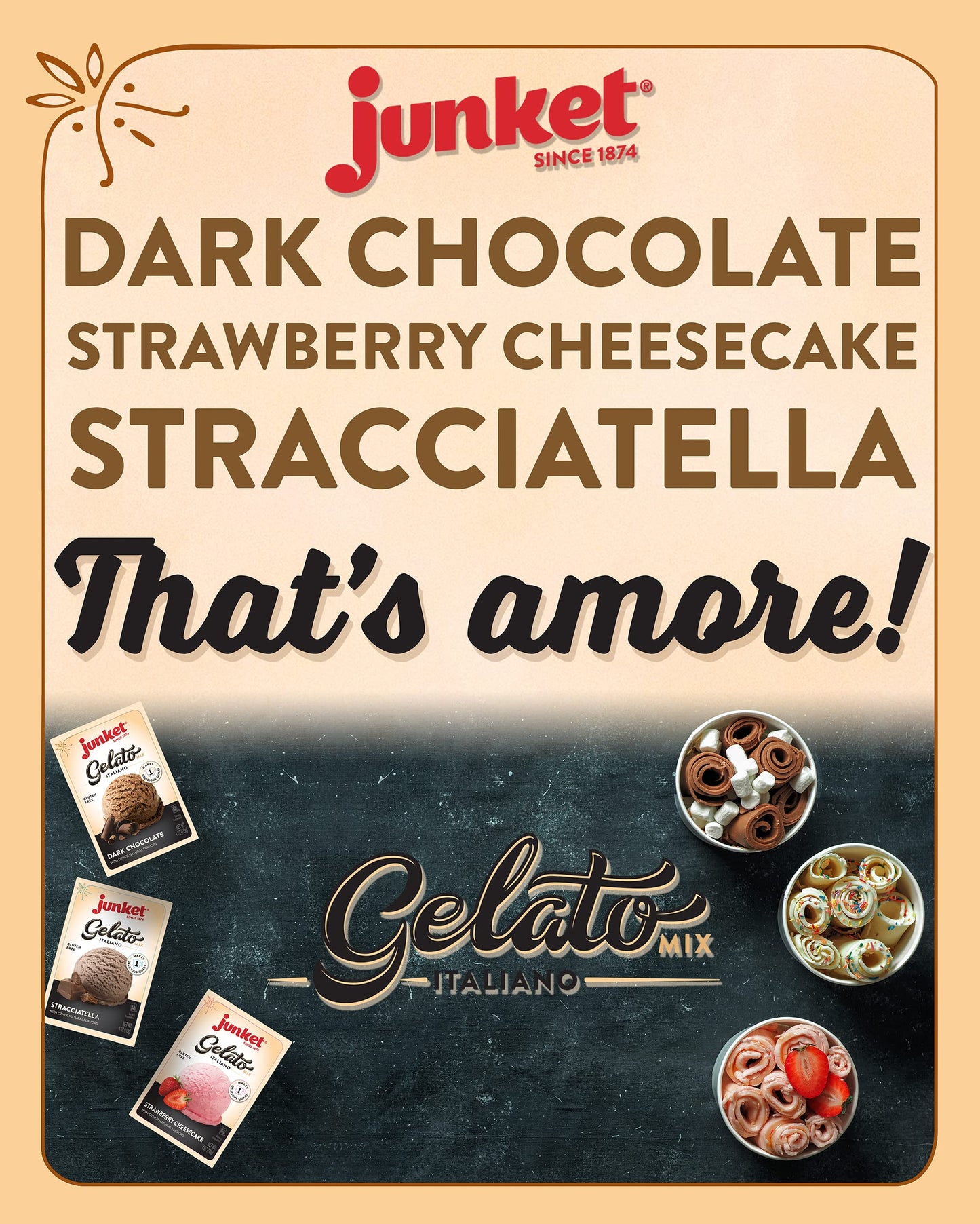 Junket Gelato Mix: Stracciatella (Vanilla Chocolate), Dark Chocolate, and Strawberry Cheesecake, Homemade Gelato Ice Cream Mix f