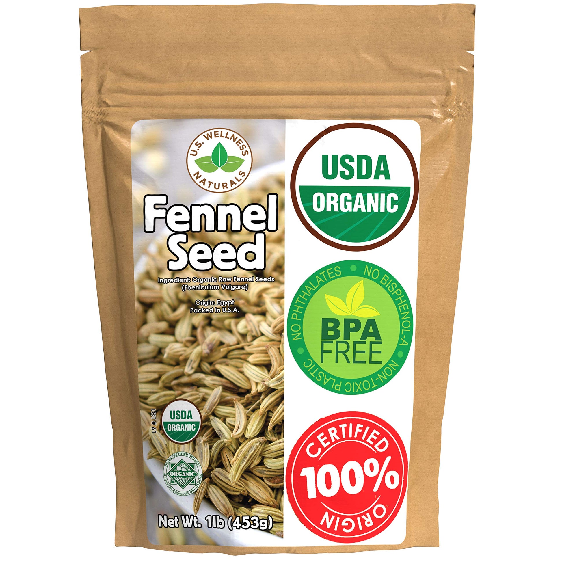 U.S. Wellness Naturals Organic Fennel Seed 1LB (16Oz) Bulk Resealable Bag
