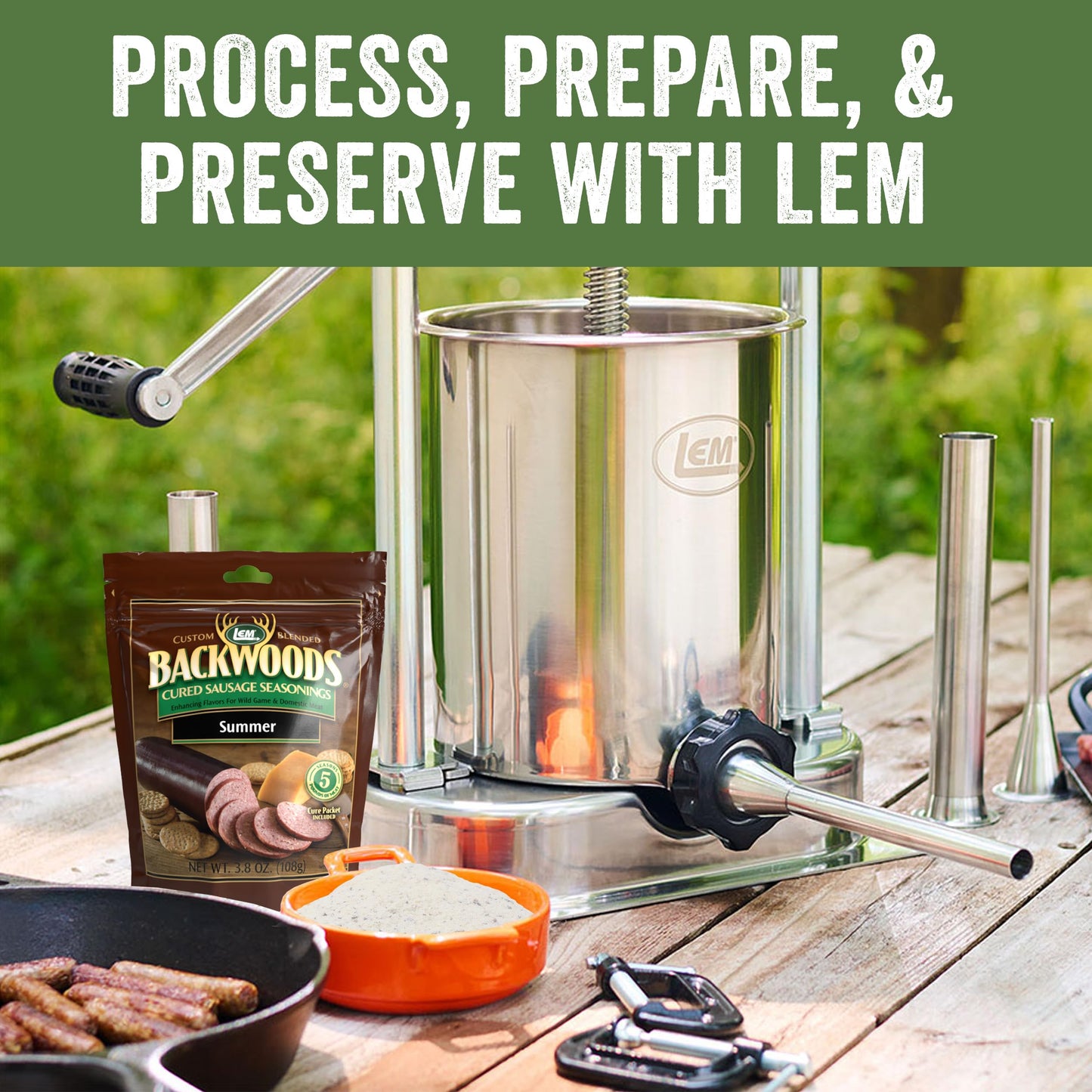 Lem Products Backwoods Summer Sausage Cured Sausage Seasoning, Ideal For Wild Game And Domestic Meat, Seasons Up To 100 Pounds Of Meat, 4 Pound 7.5 Ounce Bucket With Pre-Measured Cure Packet Included