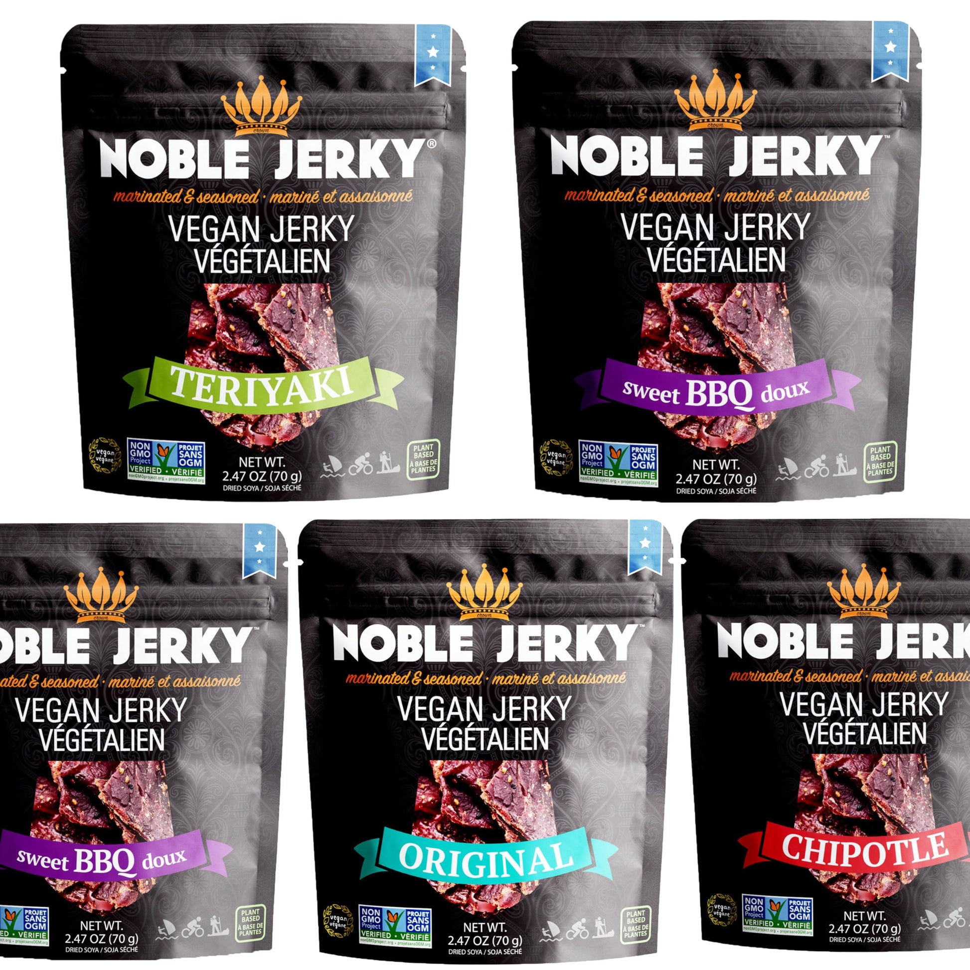 Noble Jerky - Vegan Jerky Variety Pack, Plant-Based High Protein Snack, 14g Protein Per Bag, Vegetarian, Non-GMO, Meat-Free, 5 P