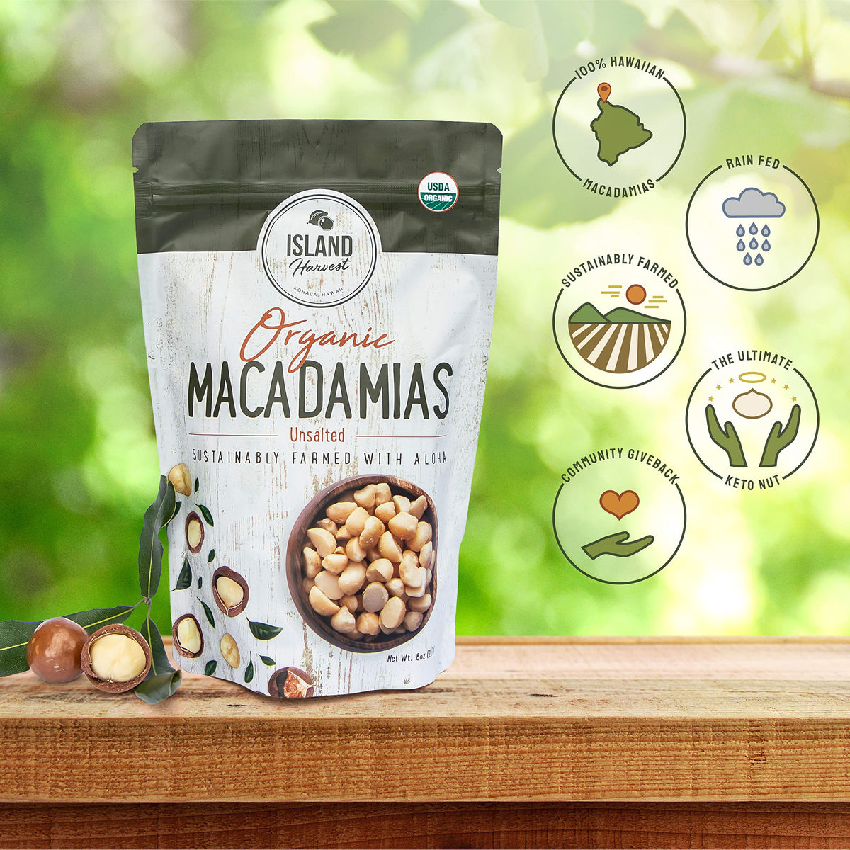 Island Harvest Organic Macadamia Nuts - Unsalted, Keto Friendly, Dry Roasted, 8 Ounce