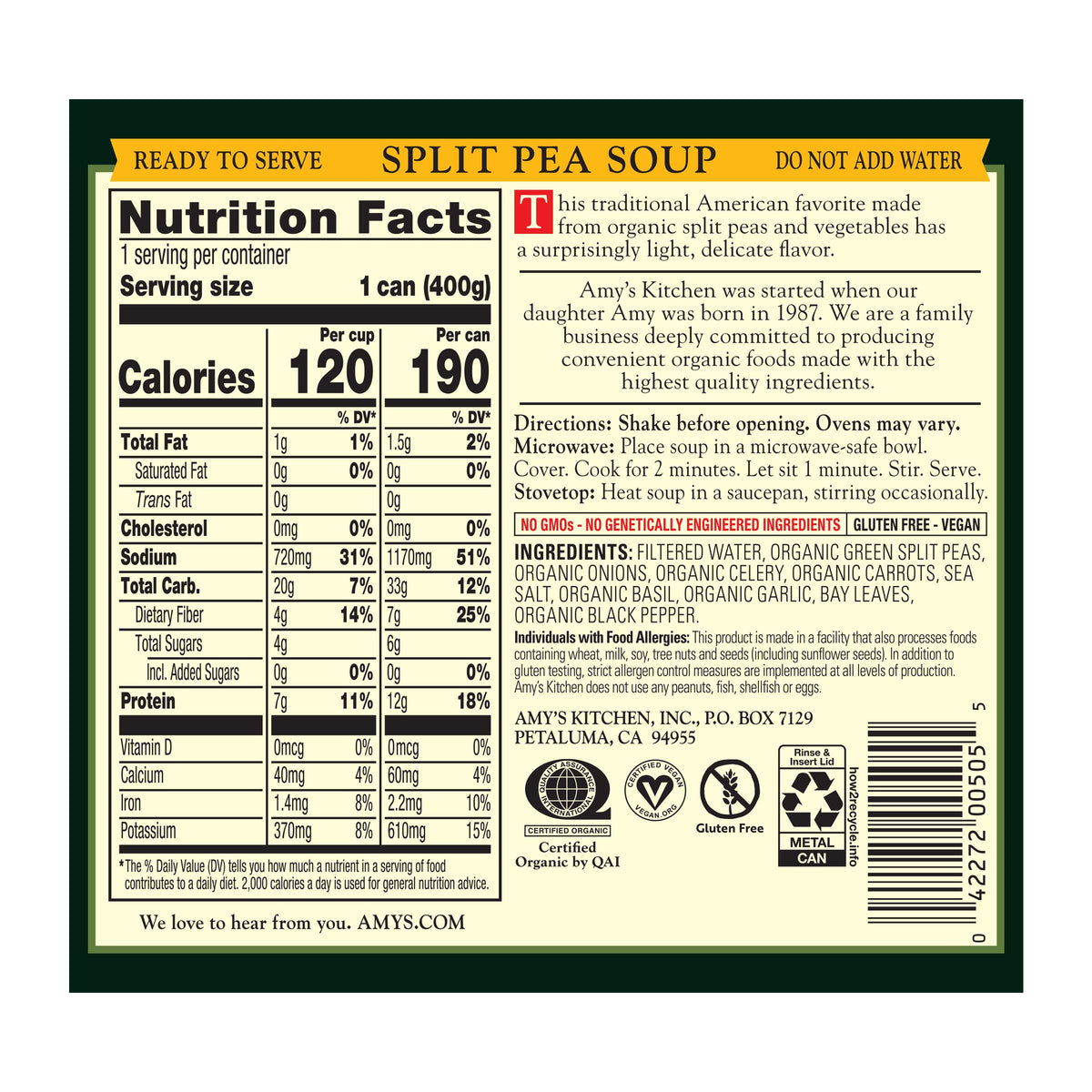 Amy'S Soup, Vegan Split Pea Soup, Gluten Free, Made With Organic Split Peas And Vegetables, Canned Soups, 14.1 Oz (12 Pack)
