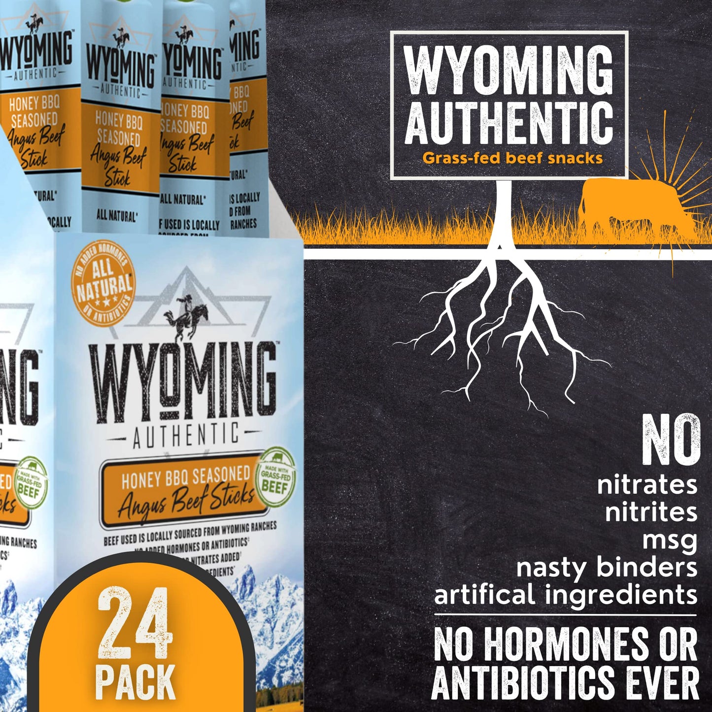 Wyoming Gourmet Beef All-Natural Grass-Fed Angus Beef Sticks, Honey Bbq Flavor - High-Protein Low-Carb Low-Fat Gluten-Free Nitra