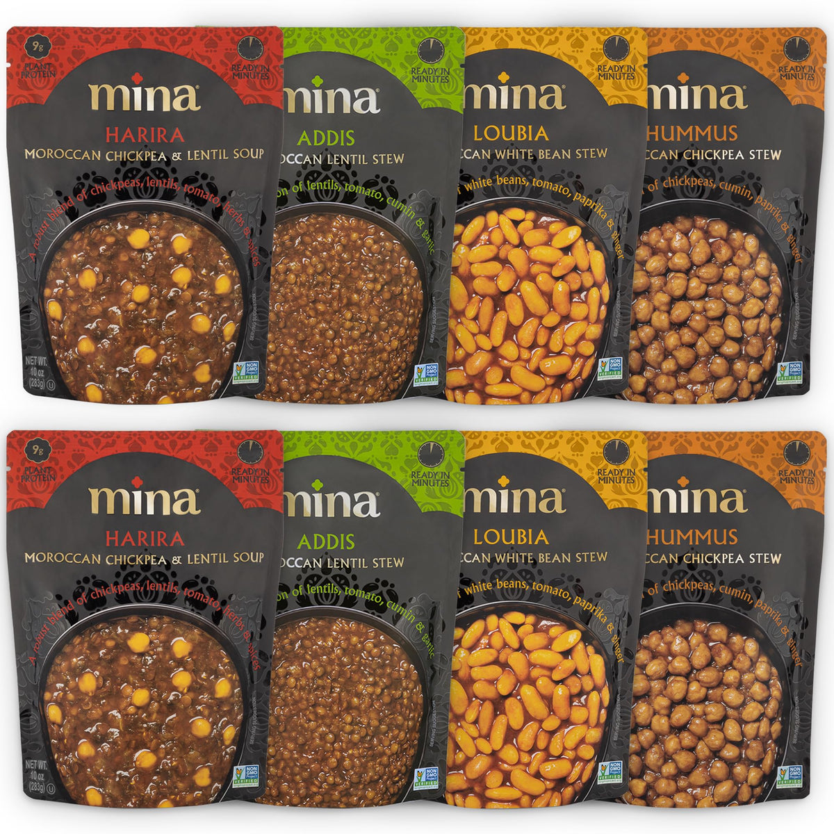 Mina Moroccan Lentils, Chickpeas, White Beans & Harira - Healthy Snacks Variety Pack Of 8 (10 Oz), Lentils Ready To Eat, Vegan Protein, Gluten-Free Instant Food, Microwave Meals, Non-Gmo, Kosher