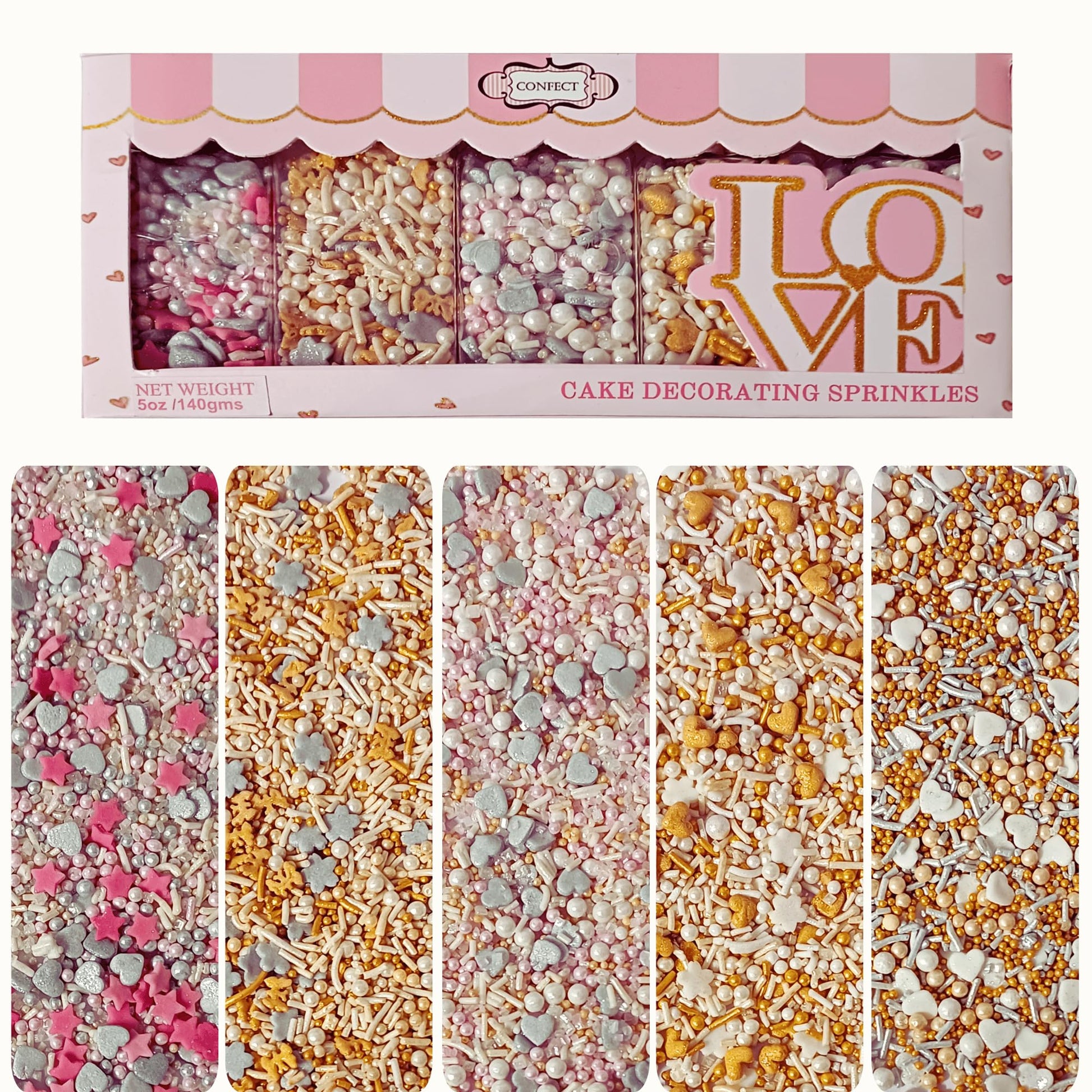 Confect Gold, silver and white Pearl Sprinkles | Sprinkles for Baking, Cookie & Cake Decorative | Valentines Edible sprinkle Mix