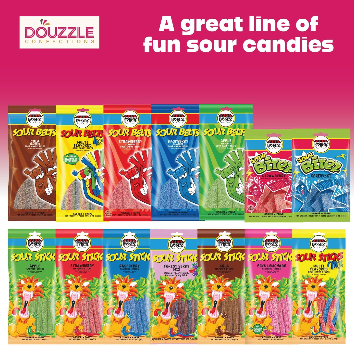 DOUzzle Back To School Sour Sticks Chewy Candy Straws Variety Pack Assortment (Pack of 8) Goodie Bag Stuffer, Pinata Filler - Ko