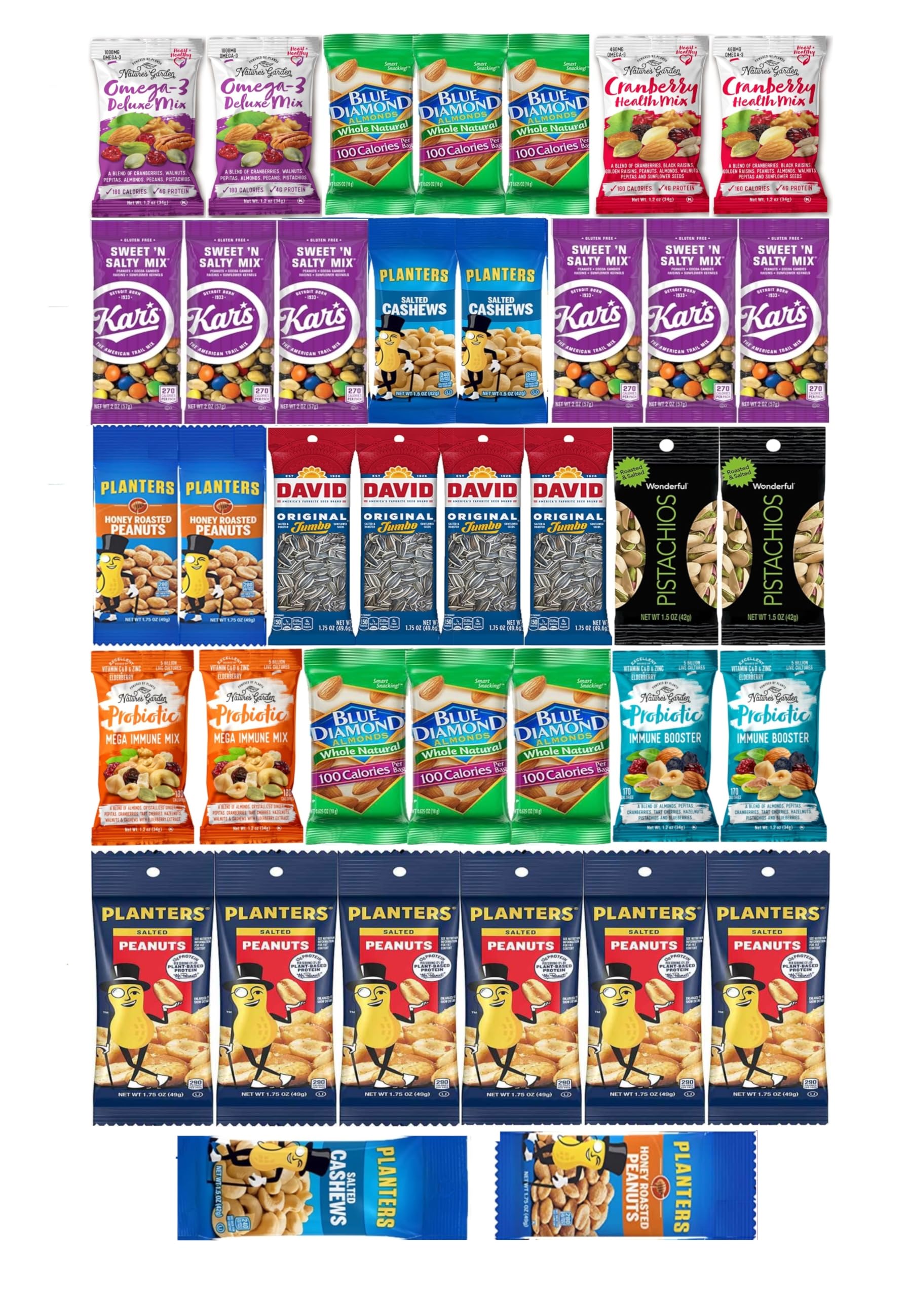 Nuts Individual Packs - Healthy Snacks for mature-themeds that includes Raw Almonds  Pistachios in shell  Sunflower seeds  and Planters nuts - Trail Mix Individual Packs - Perfect hiking snacks and travel snacks. (38 PACK)