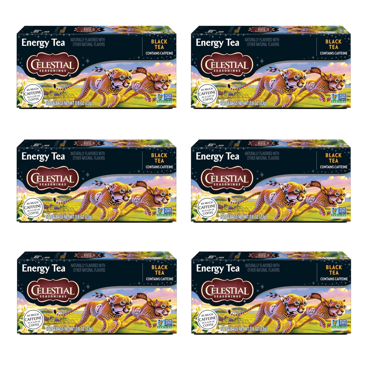 Celestial Seasonings Energy Black Tea, Caffeinated, 12 Tea Bags Box, (Pack Of 6)
