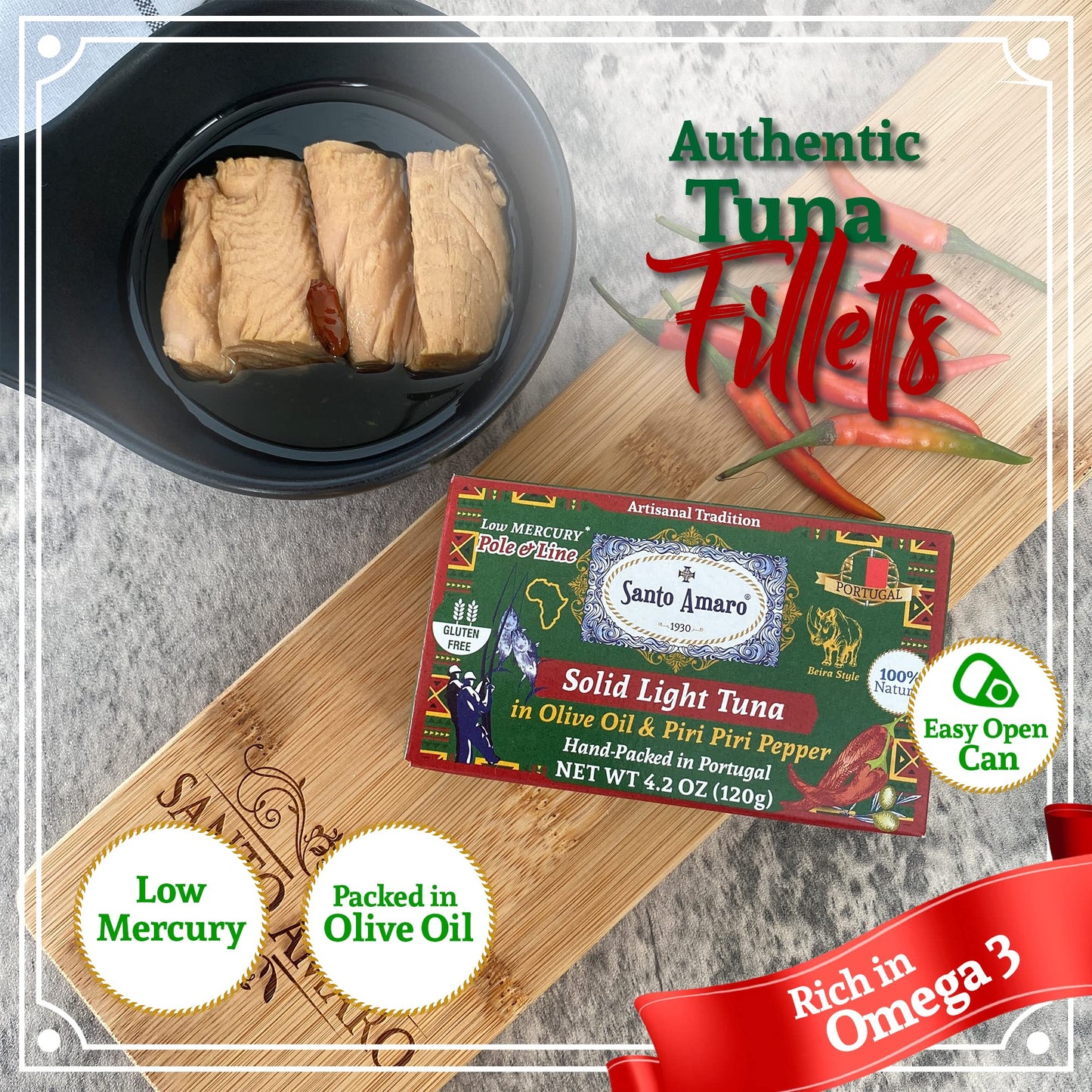 Santo Amaro Artisanal Wild Tuna Fillets in Olive Oil & Red Piri Piri Pepper, 4.2 Ounce (Pack of 6)