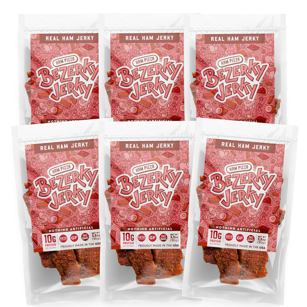 Bezerky Jerky Premium Ham Jerky | Gluten-Free | Low Fat High Protein | 3.3 oz (Pack of 6)