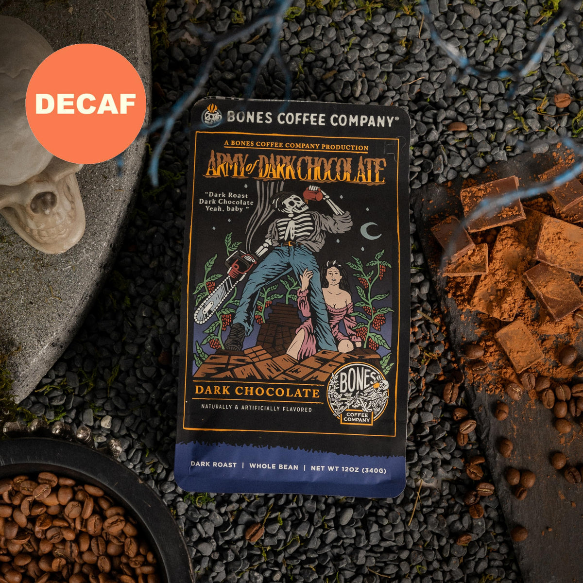 Bones Coffee Company Decaf Army Of Dark Chocolate Whole Coffee Beans, Low Acid Flavored Coffee, Made With Arabica Coffee Beans,