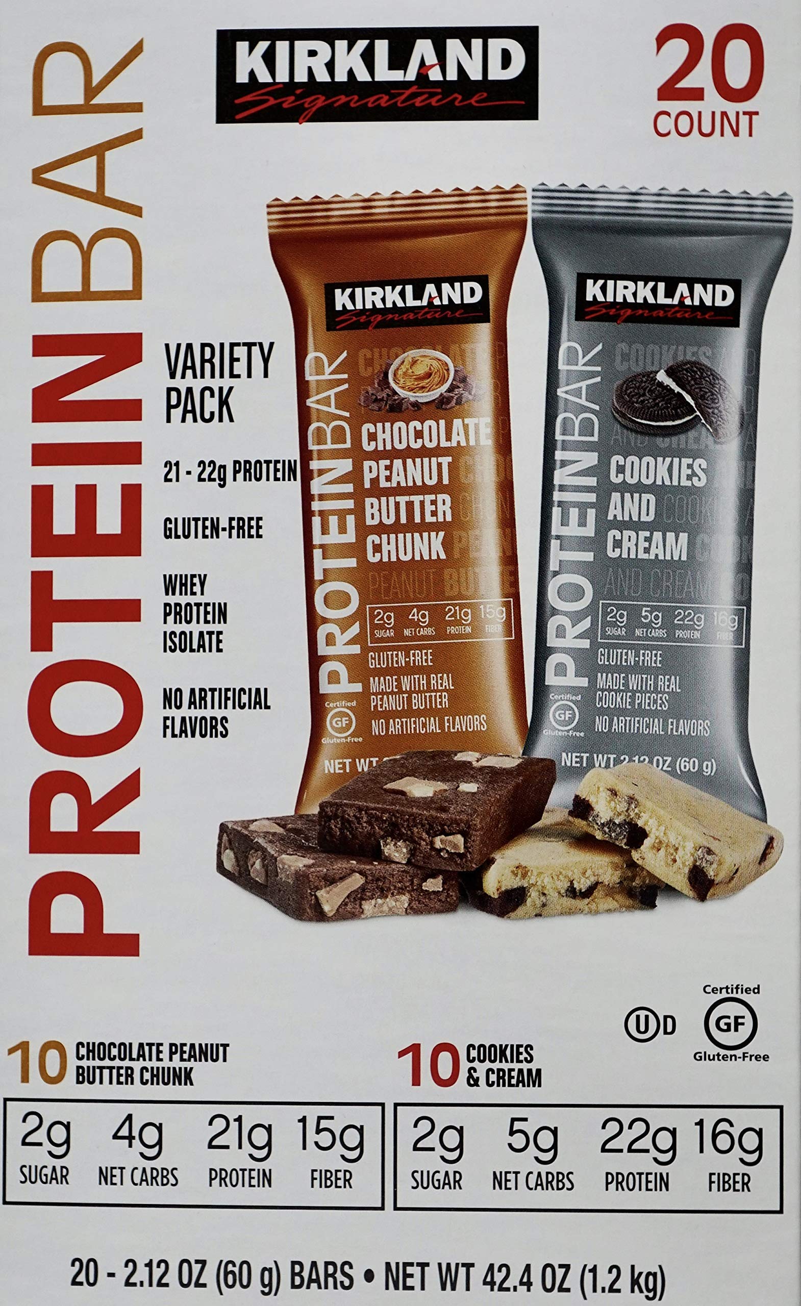 Kirkland Signature Protein Bars Chocolate Peanut Butter Chunk/ Cookies & Cream Flavor, 42.4 Oz, 20 Count