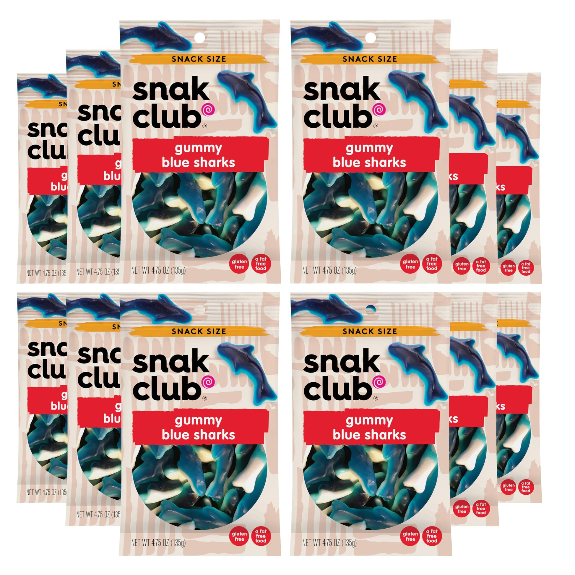 Snak Club Gummy Sharks Candy, Blue Raspberry, Fat-Free & Gluten-Free, 2.75oz x 12 Bags, Model 1785774
