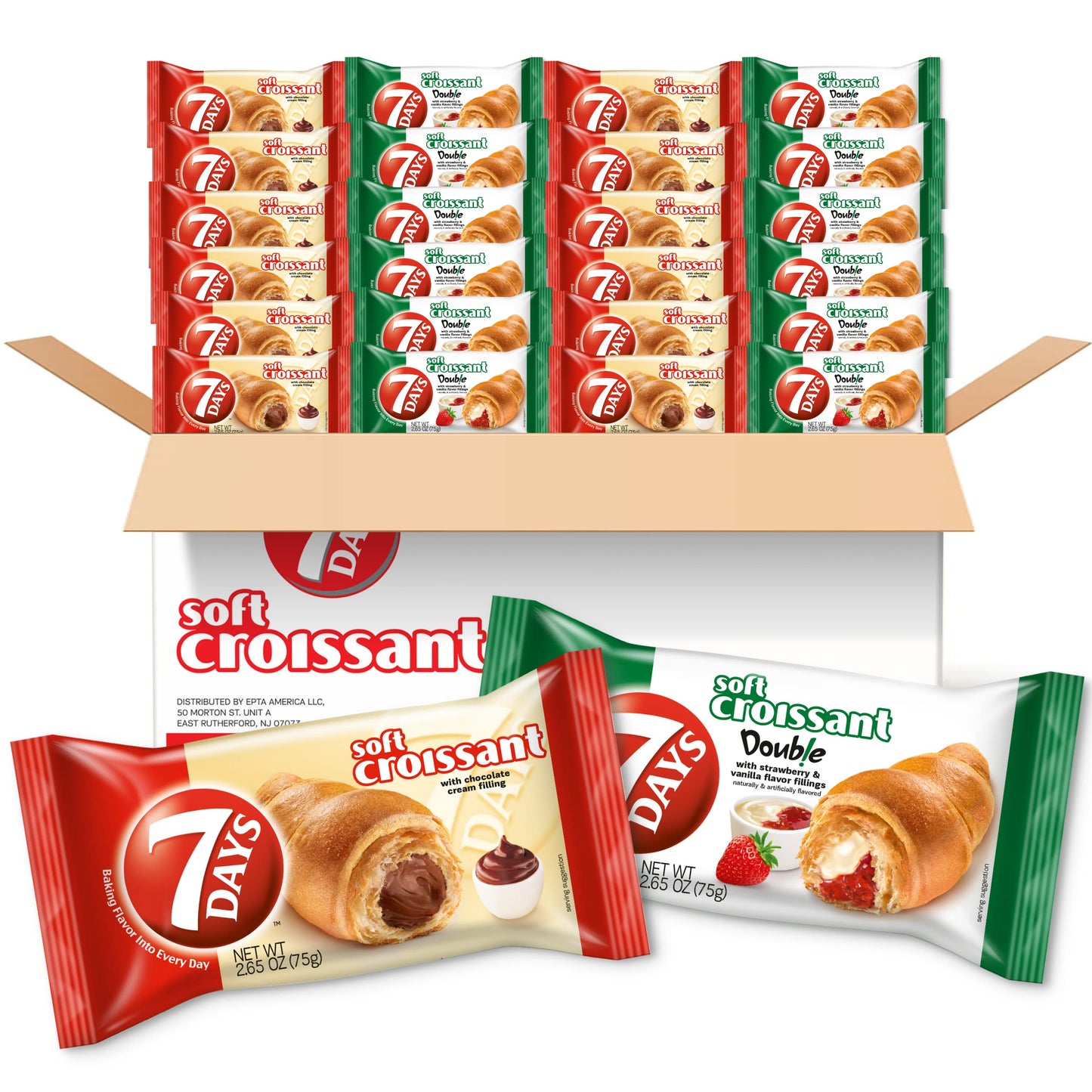 7Days Soft Croissant Variety Pack (24 Count), 12 Chocolate, 12 Strawberry Vanilla, Breakfast Pastry, Individually Wrapped On The