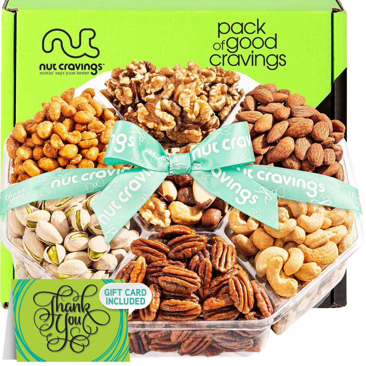Thank You Nuts Gift Basket With Thank You Ribbon + Greeting Card (7 Assortments) Gourmet Food Platter, Appreciation Care Package