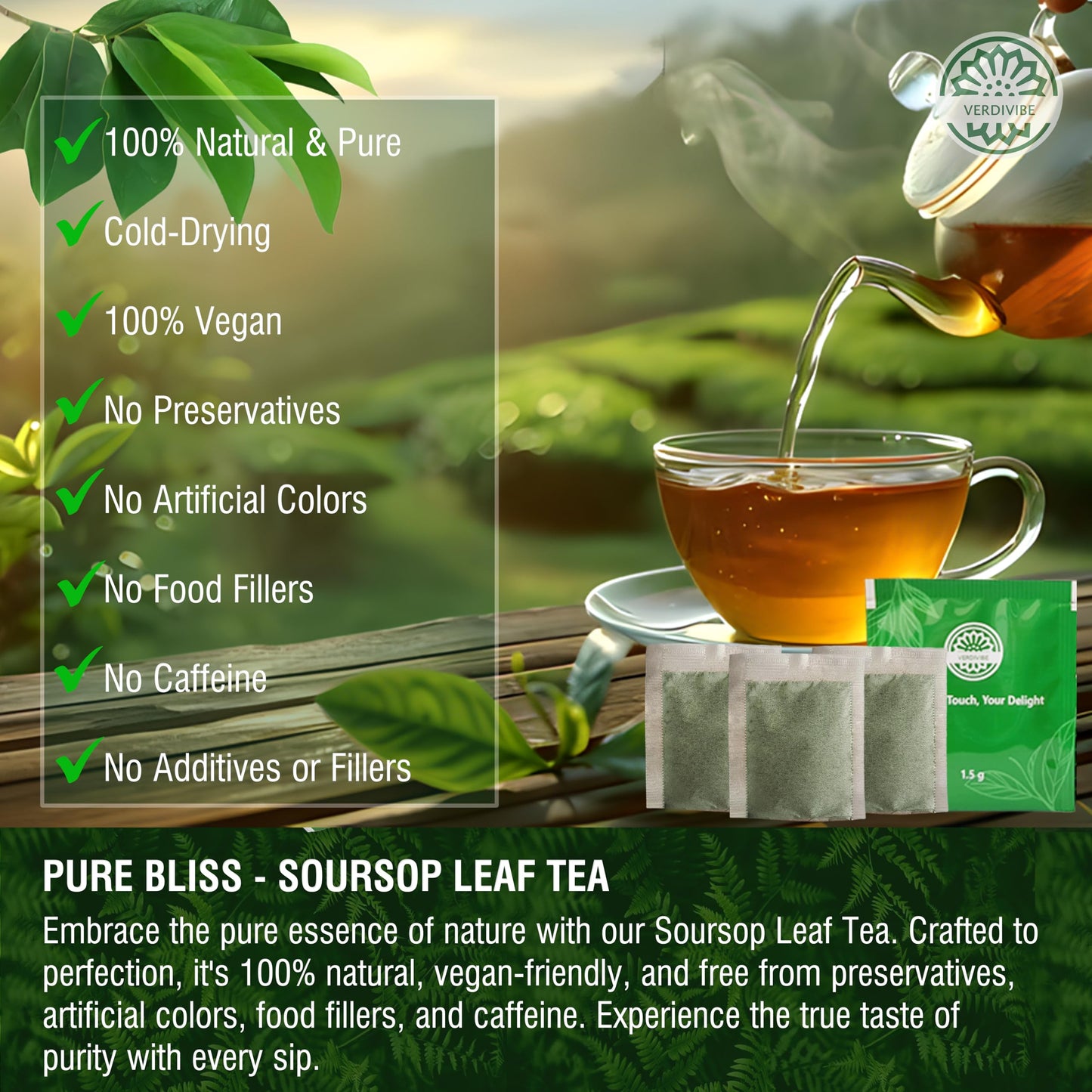 VERDIVIBE Soursop Leaf Tea - Caffeine-Free Herbal Drink, 45 Tea Bags, Non-GMO, Gluten-Free