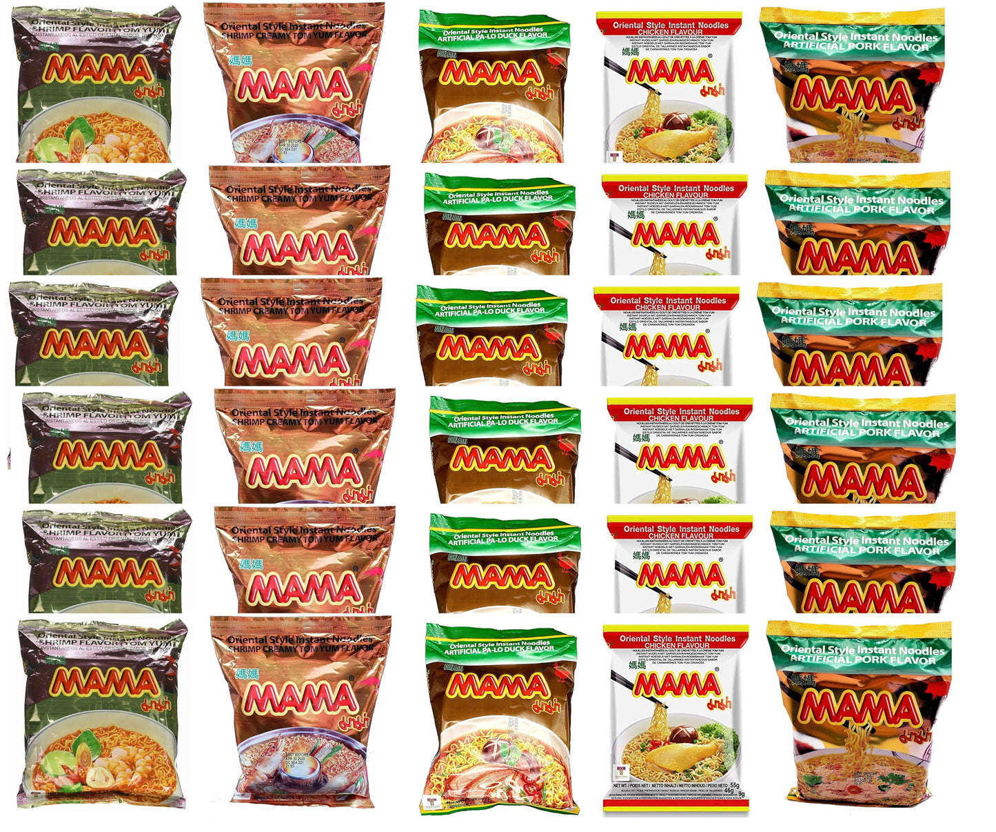 Mama Oriental Style instant noodles Mix Flavor Bundle Package Total 30 Packs (5 Flavor Mix shrimp Tom Yum Flavor, shrimp creamy 