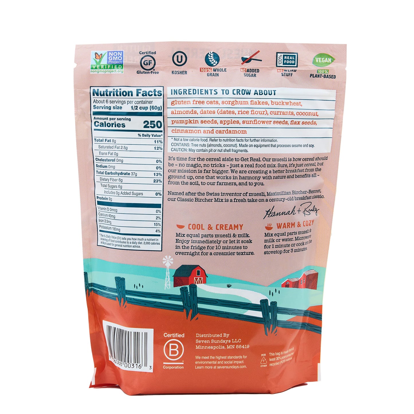 Seven Sundays Classic Bircher Apple Cinnamon Almond Muesli Cereal - 4 Count, 12 Oz Pouch - Certified Gluten Free Muesli - Non Gm