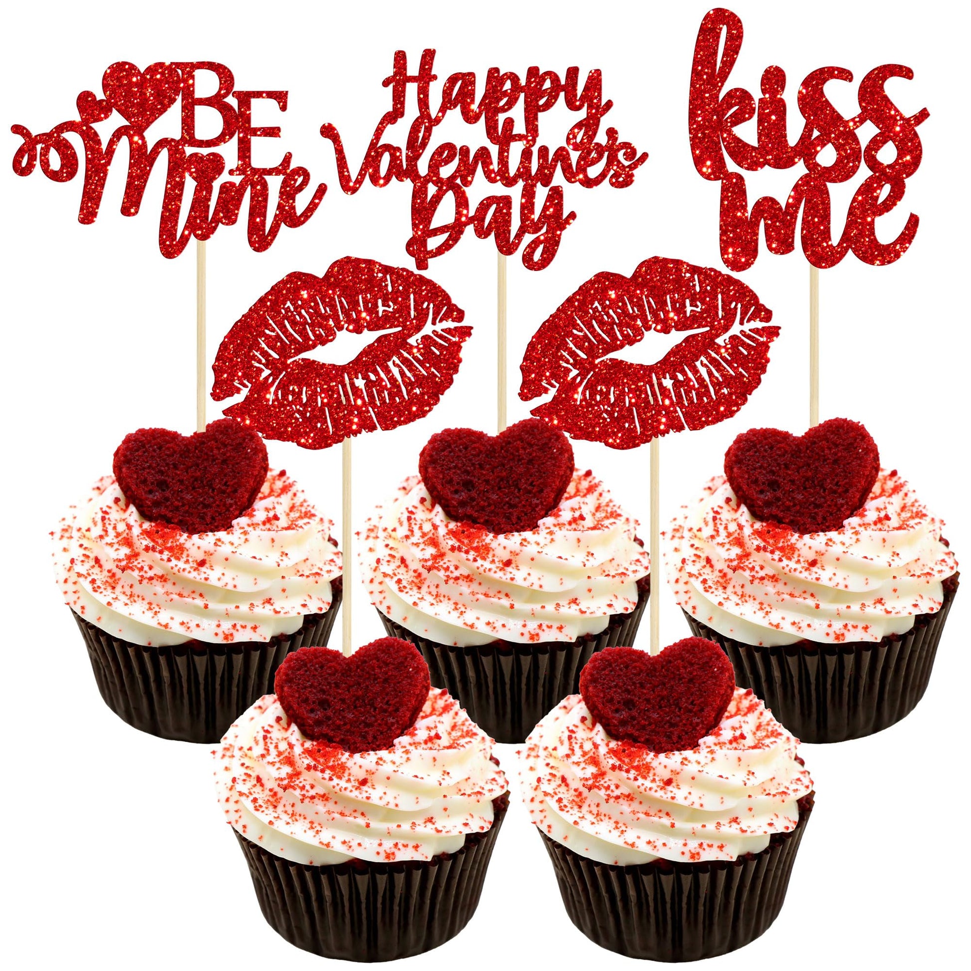 Gyufise 24 Pack Red Glitter Happy ValentineS Day Cupcake Toppers Be Mine Kiss Me Lipstick Cupcake Picks For Valentine Sweet Love Theme Wedding Engagement Bridal Shower Party Cake Decorations