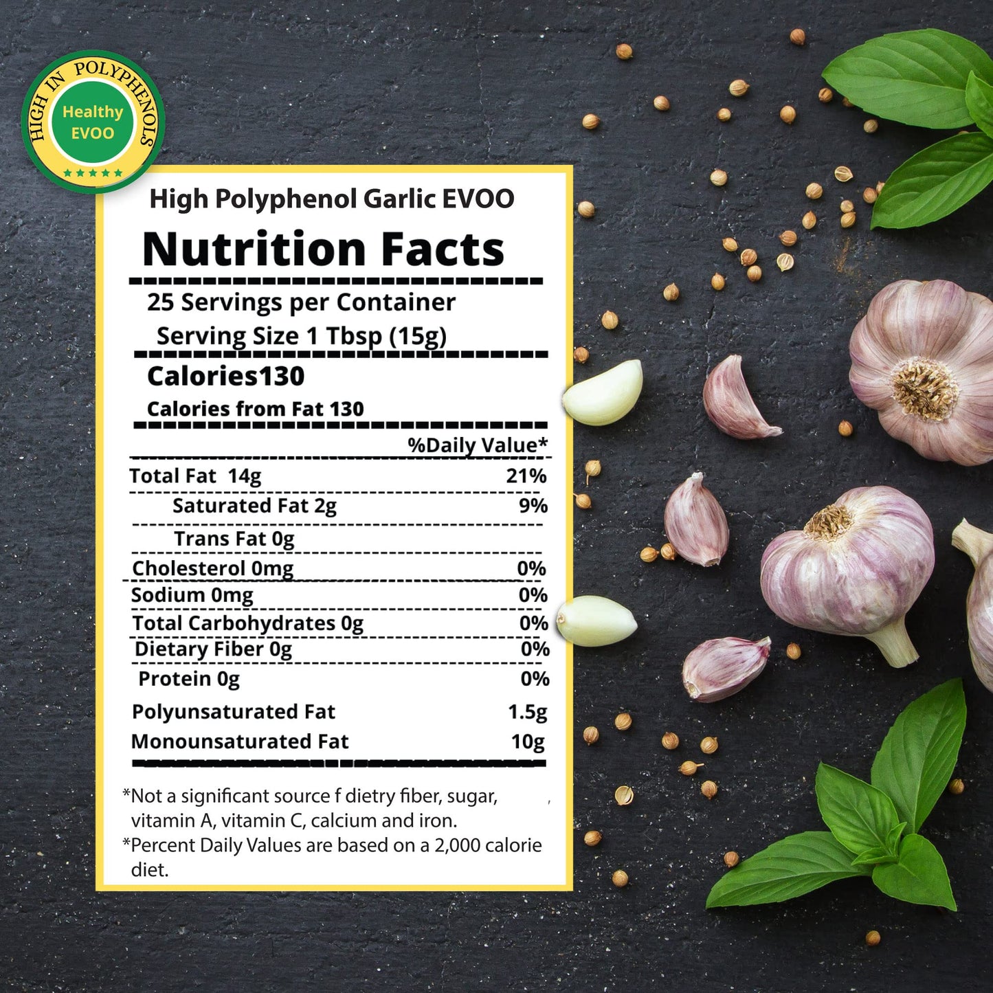 M.G. Pappas High Polyphenol Rich Garlic Infused Olive Oil - Extra Virgin Olive Oil Polyphenol Lab Report 650Mg/Kg - Cold Pressed