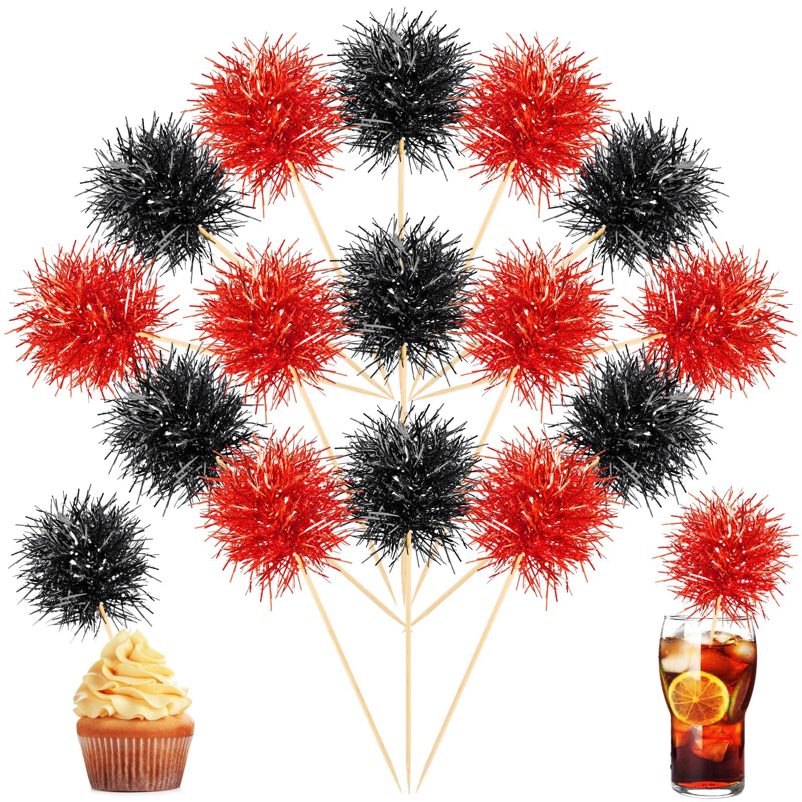 Chinco Foil Firework Cupcake Toppers, 100 Pcs, 6 x 1.77 inches, Red and Black, Cake Decoration for Parties