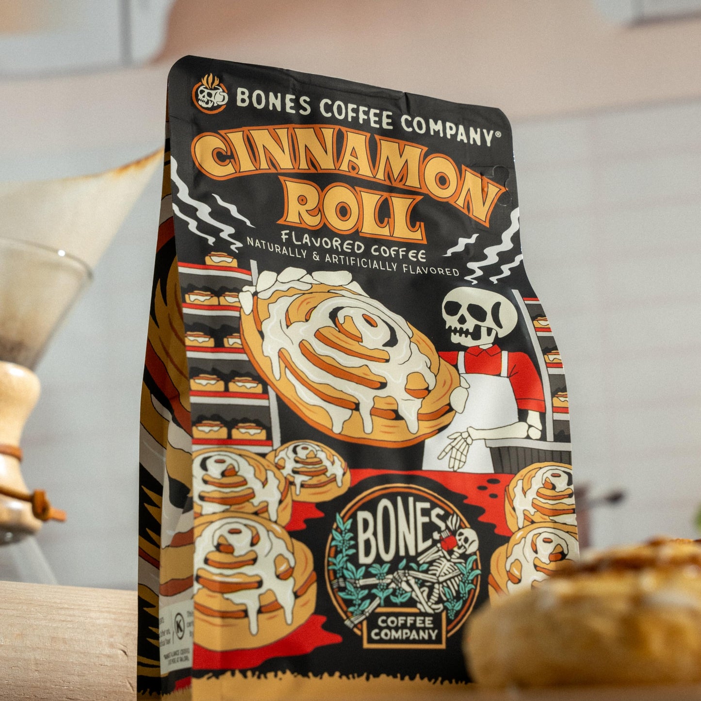 Bones Coffee Company Decaf Sinn O Bun Flavored Coffee, Medium Roast, Low Acid, 12 oz