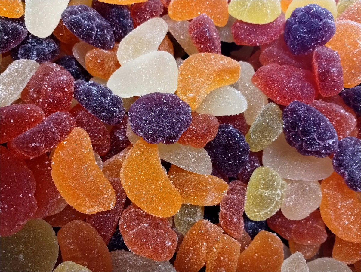 Assorted Jelly Fruit Shaped Candy - 1.5 lbs of Sugar Dusted Orange Raspberry Pear Pineapple Grape Chewy Candy