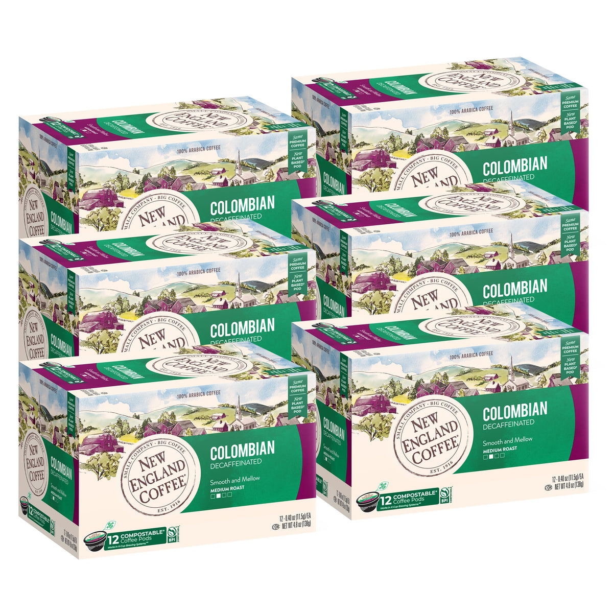 New England Coffee Colombian Decaffeinated Medium Roast Pods, 12 Count, Pack of 6