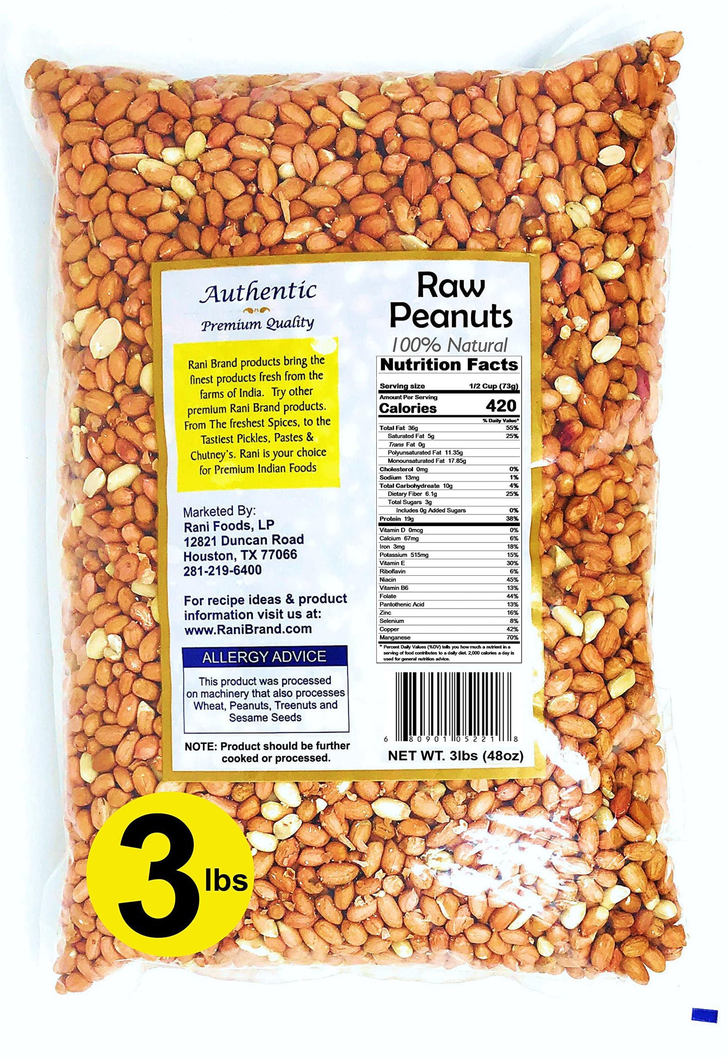 Rani Peanuts, Raw Whole With Skin (uncooked, unsalted) 48oz (3lbs) 1.36kg Bulk ~ All Natural | Vegan | Kosher | Gluten Friendly
