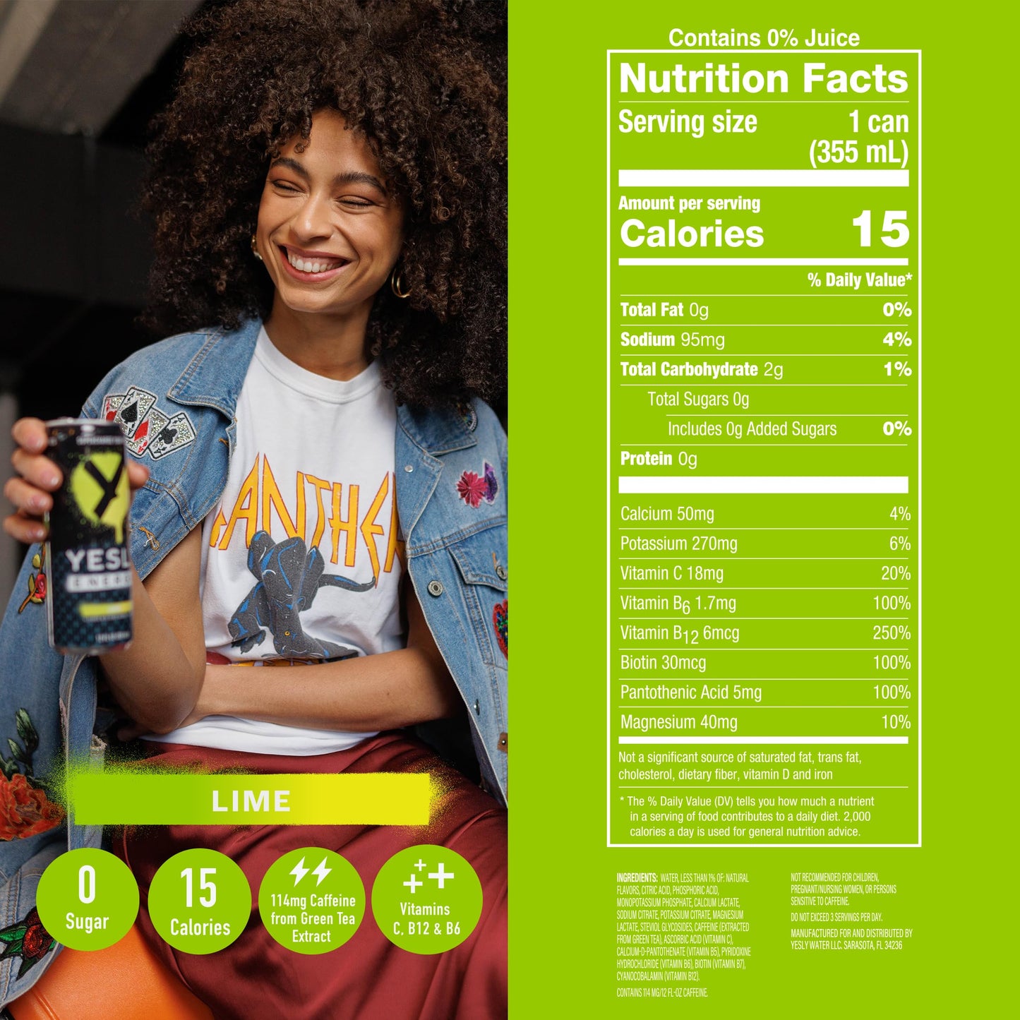 Yesly Energy Drink  Lime  Naturally Flavored Sparkling Energy Drink With Electrolytes  Magnesium  Potassium  Vitamin C  B6 & B12  Natural Caffeine From Green Tea  Zero Sugar  12 Fl Oz Cans  12 Pack
