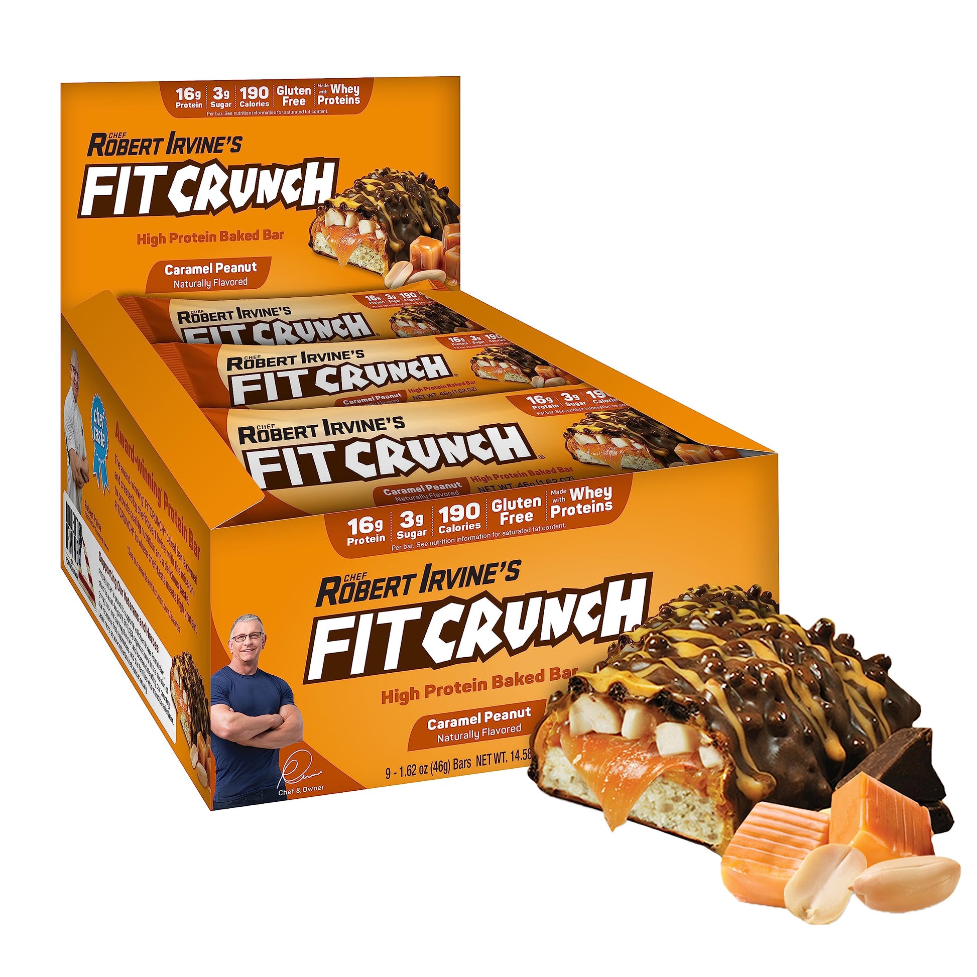 FITCRUNCH Snack Size Protein Bars, 6-Layer Baked Bar, 3g of Sugar, Gluten Free & Soft Cake Core (9 Bars, Caramel Peanut)