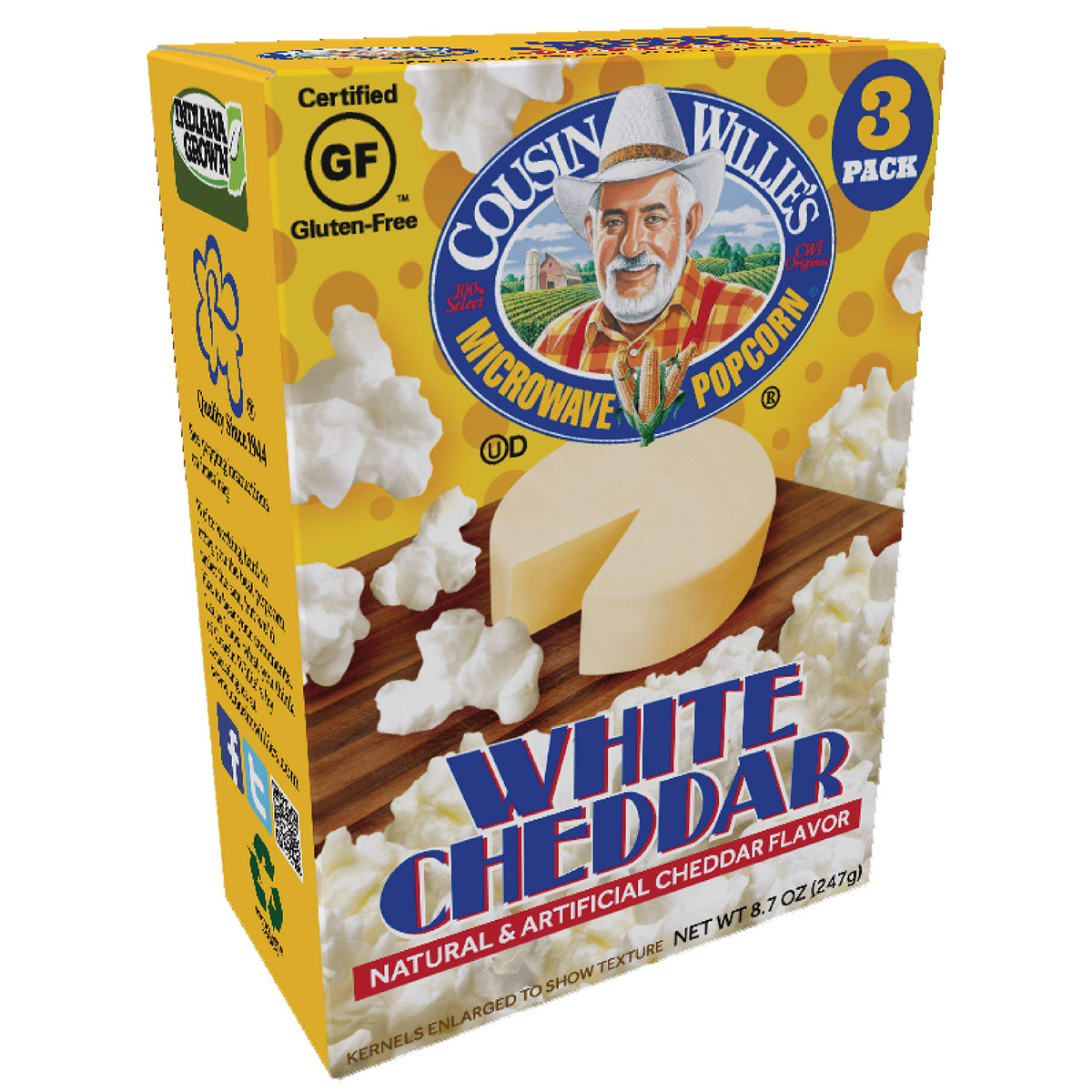 Cousin Willies White Cheddar Popcorn, Cholesterol Free, 8.7oz (3 Pack) - Made in the USA