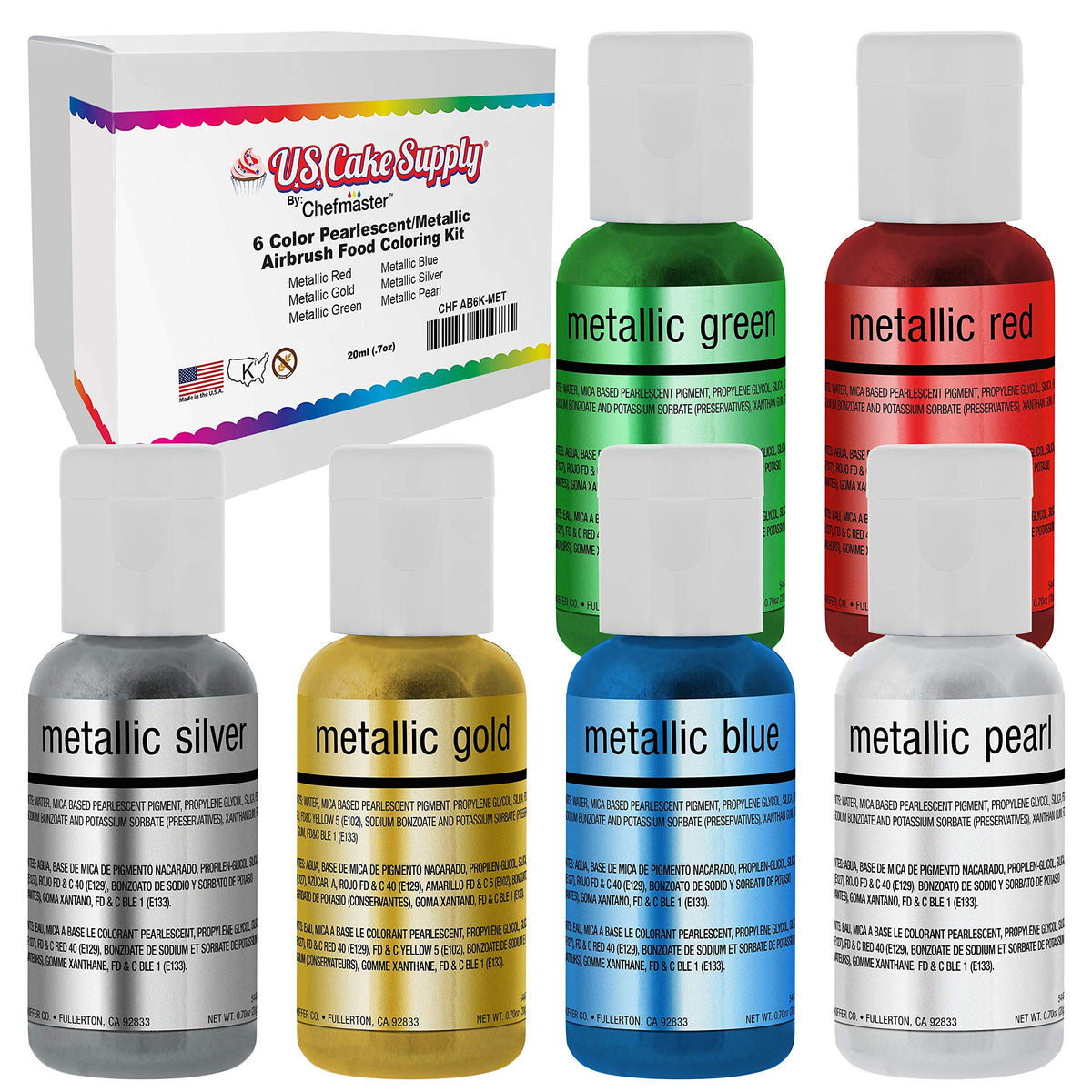 U.S. Cake Supply Airbrush Cake Pearlescent Shimmer Metallic Color Set - The 6 Most Popular Metallic Colors In 0.64 Fl. Oz. (19Ml) Bottles - Safely Made In The Usa Product
