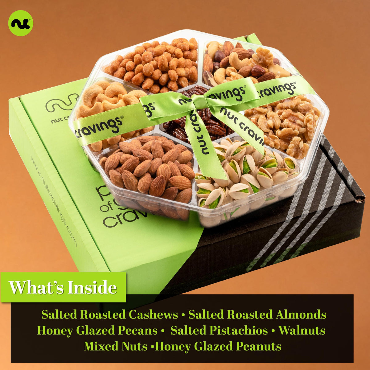 Nut Cravings Gourmet Collection - Rosh Hashana & Shana Tova Mixed Nuts Gift Basket + Green Ribbon (7 Assortments, 2.2 Lb) Arrang