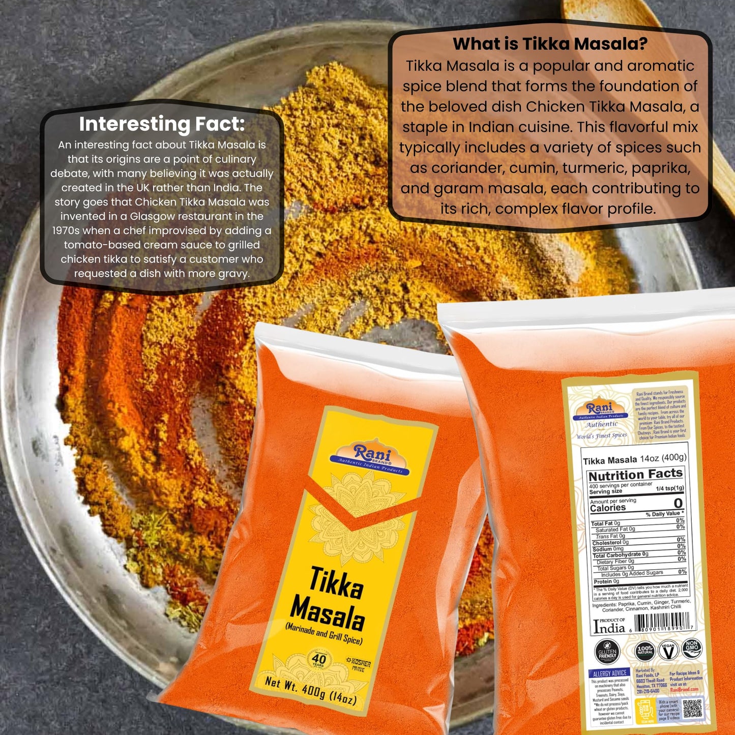 Rani Tikka Masala Indian Spice Blend, All Natural, Vegan, Salt-Free, 14oz (400g)
