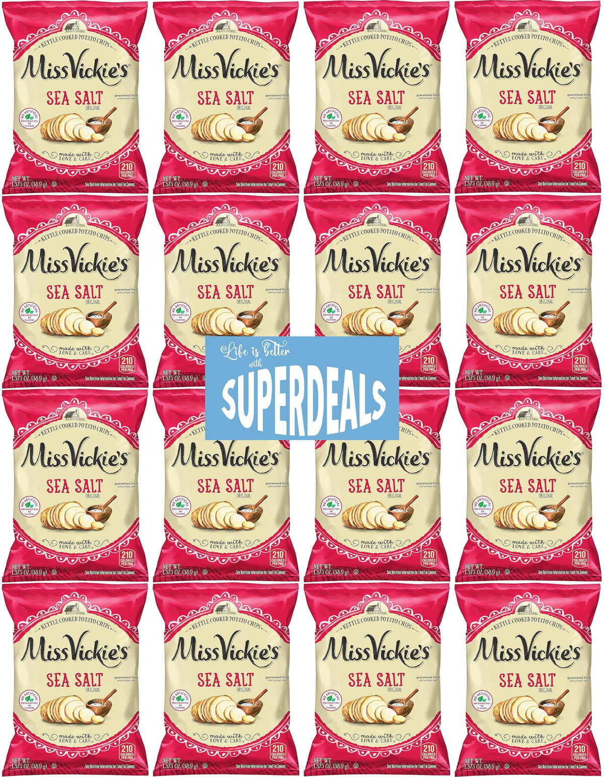 Kettle Cooked Potato Chips By Miss Vickie'S Value Pack Bundled By Superdeals | 1.375 Oz Bag | Sea Salt | Pack Of 16 With Mystery