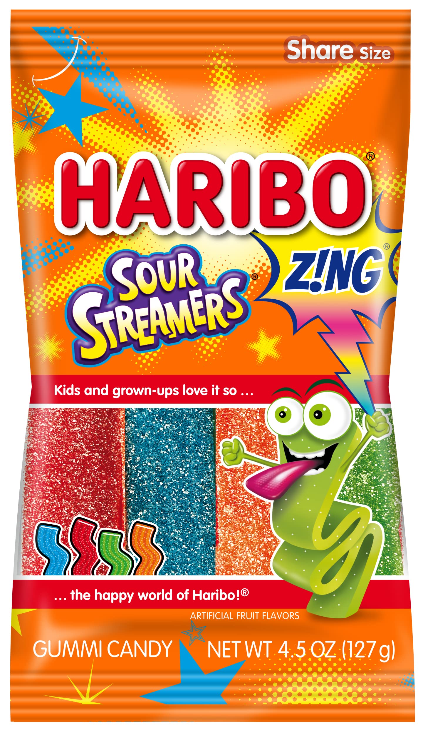 Haribo Gummi Candy Z!NG Sour Streamers, Assorted Fruity Flavors, 4.5 Ounce (Pack of 12), Soft & Chewy Snacks