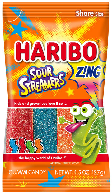 Haribo Gummi Candy Z!NG Sour Streamers, Assorted Fruity Flavors, 4.5 Ounce (Pack of 12), Soft & Chewy Snacks