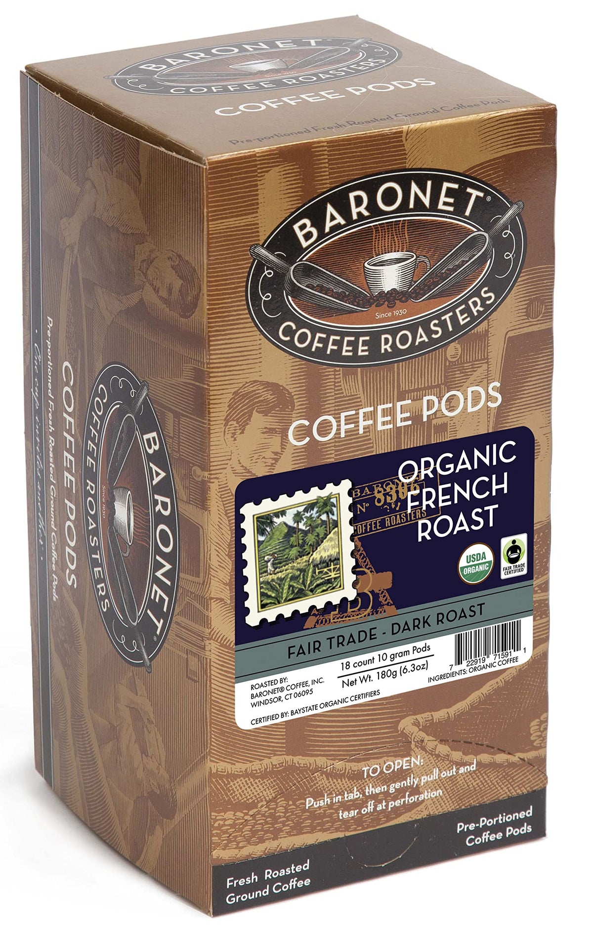 Baronet Coffee Pods Organic Fair Trade French Roast, 54 Count, Single Serve, Model 722919191593