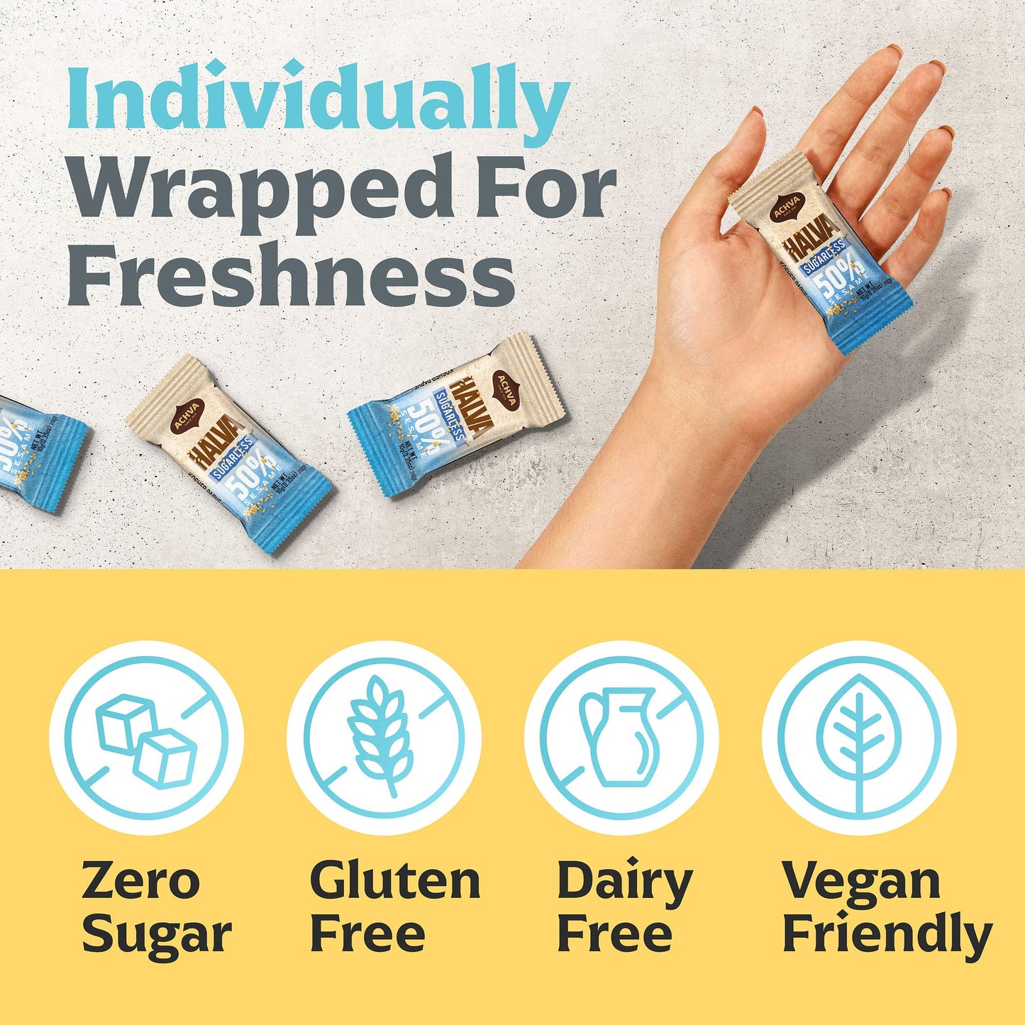 Halva Sugarless Tahini Bar Mini Snacks - Assortment Of 15 Snack-Sized Vanilla Flavor Halvah- Vegan, Kosher Snacks With No Gluten