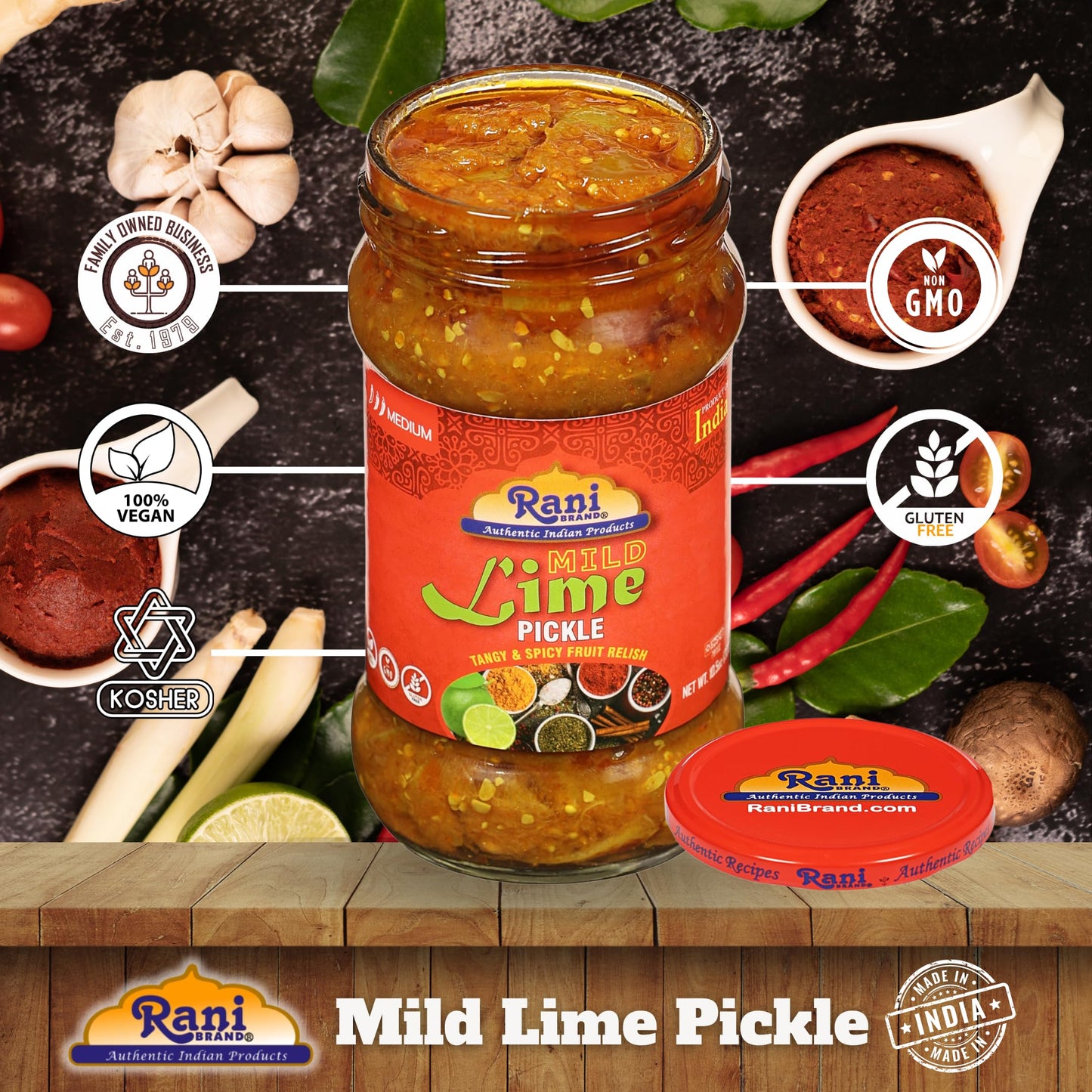 Rani Lime Pickle Mild Achar - Vegan, Gluten Free, Non-GMO, Kosher, 10.5oz (300g) Glass Jar